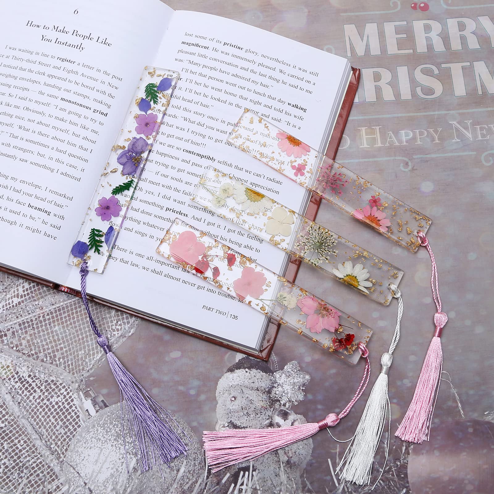 Kaluofan 2PCS Handmade Dried Flower Resin Bookmarks with Tassels - Elegant Floral Bookmark for Women, Durable Reading Accessories to Enhance Reading Interest - Perfect Gift for Book Lovers, Students & Teachers (Reading, Studying, Book Club, Gift Giving)