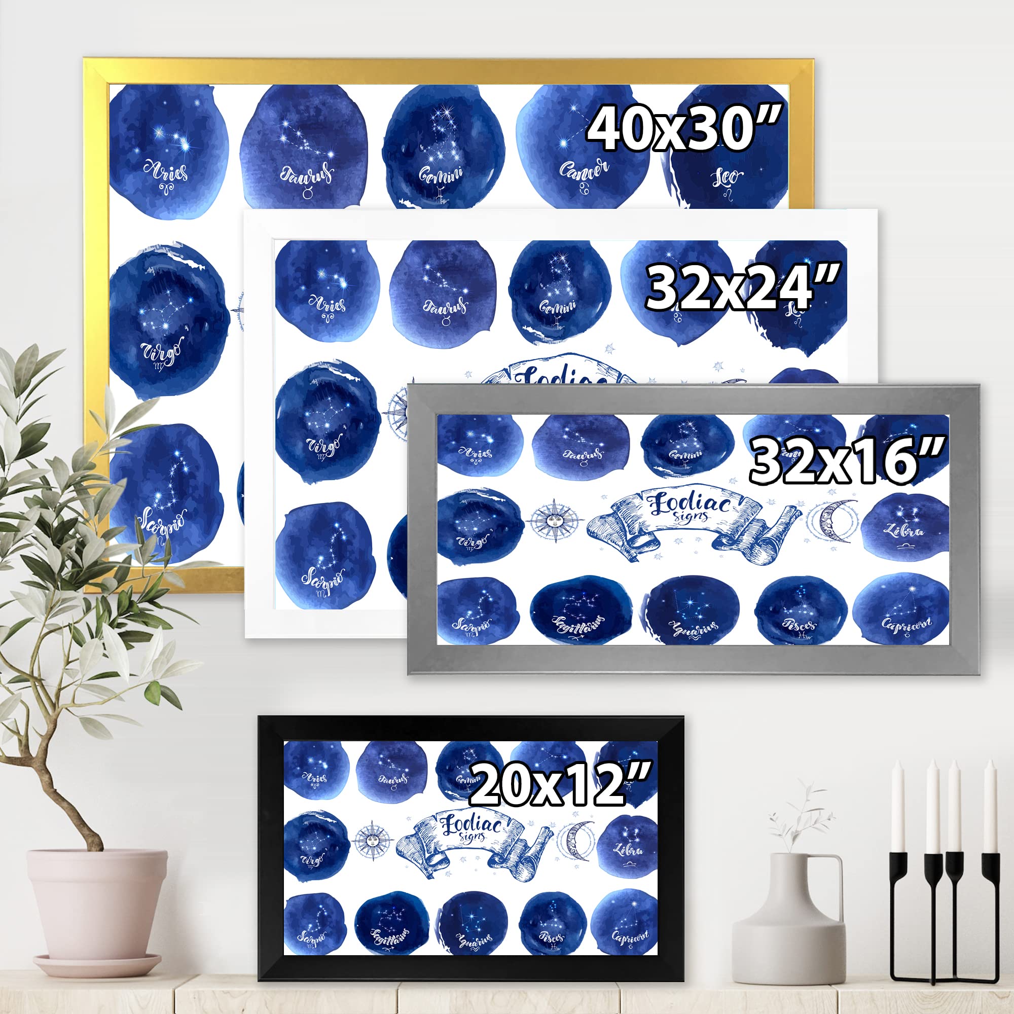 DesignQ Blue Modern Framed Wall Art with Astrology Signs - Perfect for Home Decor, Office & Gift Giving