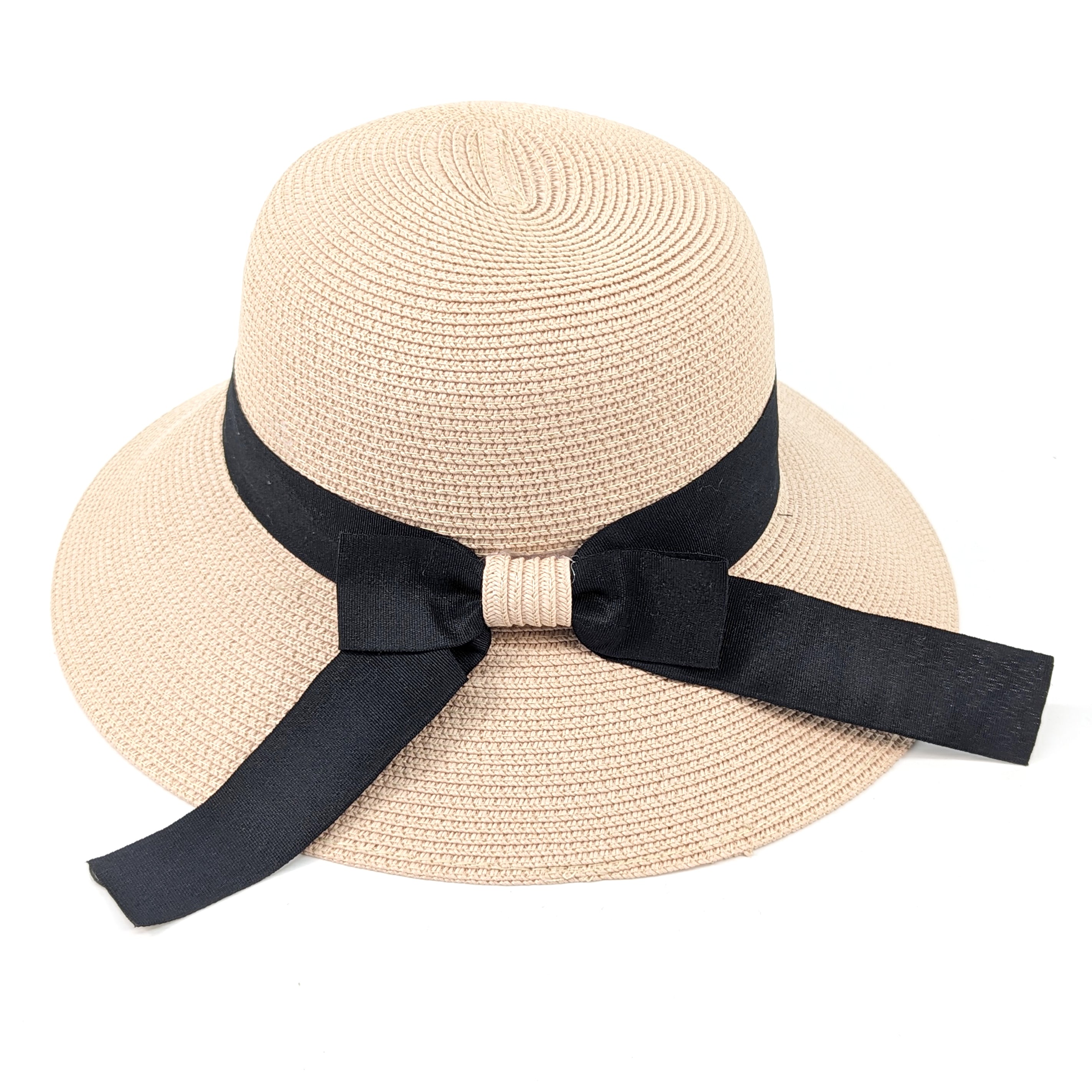 Bow Foldable Cloche Hat - Light Pink Women's Vintage Sun Hat for Outdoor, Beach & Wedding Events