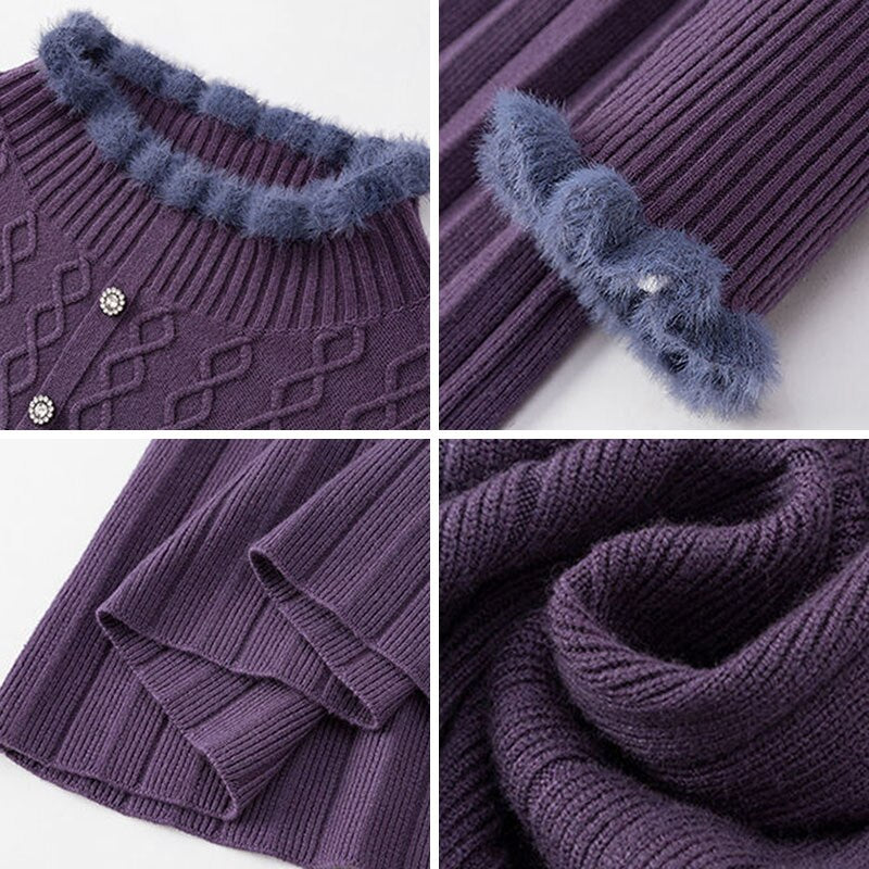 Vintage Knit Pleated Two-Piece Dress for Women - Long Sleeve Elegant Midi Sweater Dress Set, Fall Fashion Slim Fit Outfit | Perfect for Office, Date Night & Autumn Layering