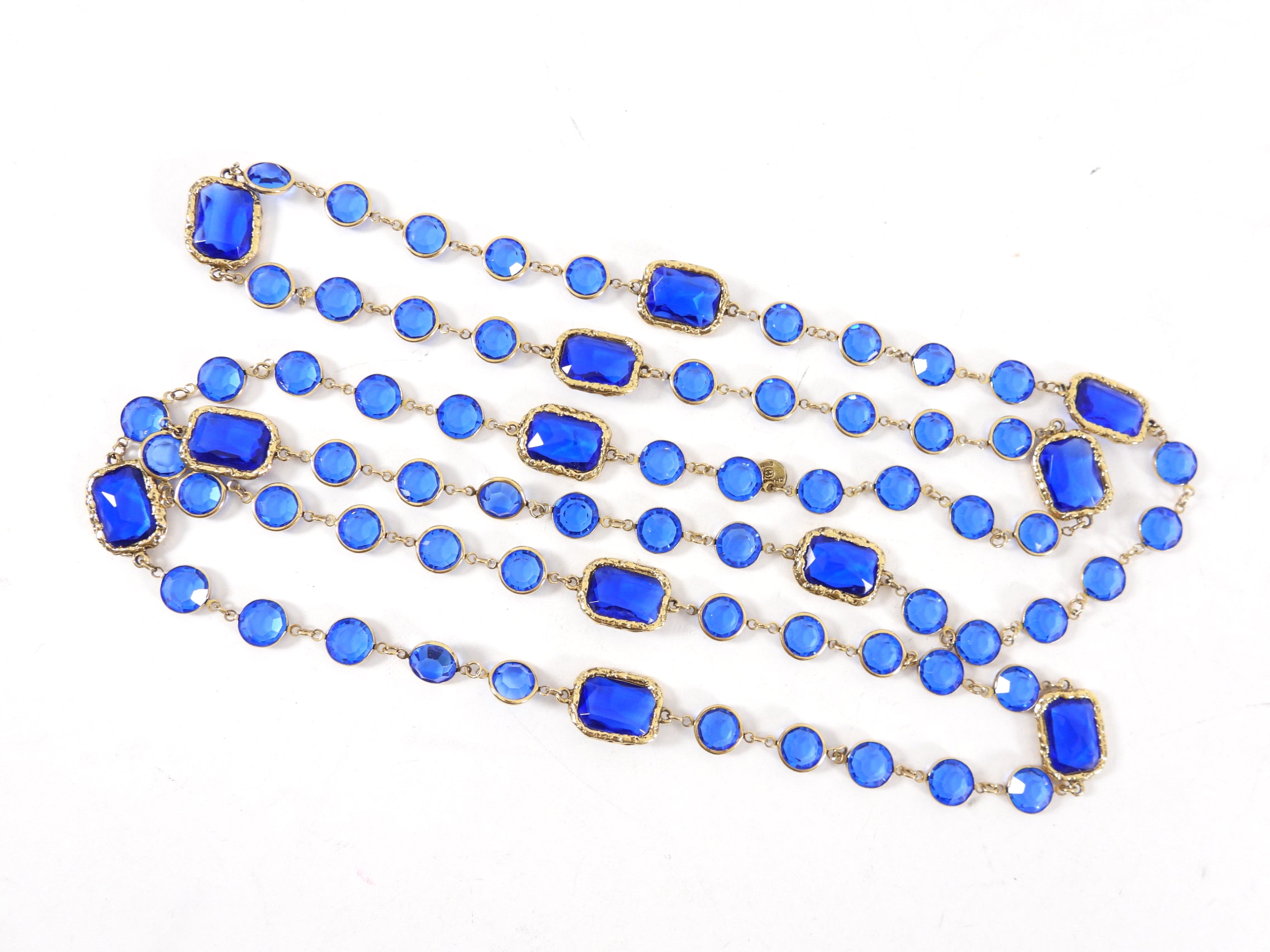 Vintage Chanel 1981 Blue Gripoix Glass Chicklet Sautoir Necklace - Elegant Statement Jewelry for Women, Perfect for Parties, Weddings & Special Occasions