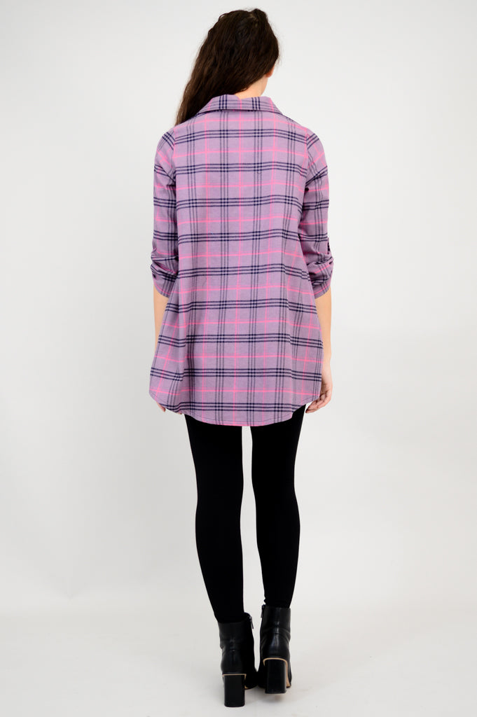 Celine Women's Cotton Flannel Tunic Top - Plum Plaid Print - Casual Long Sleeve Shirt for Fall & Winter Layering