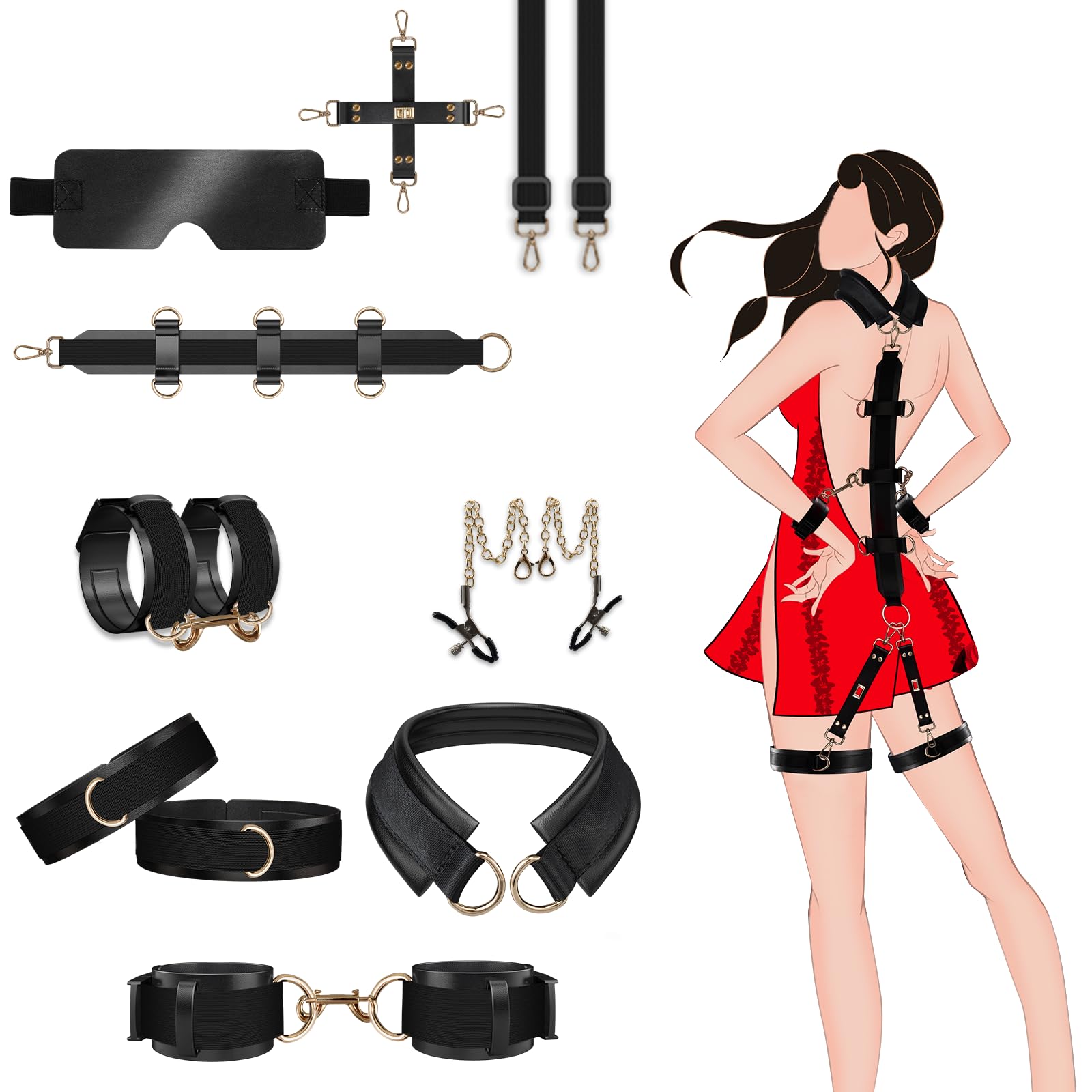 BDSM Bondage Kit for Couples - Sex Toys for Women & Men with Handcuffs, Ankle Cuffs, Blindfold & Nipple Clamps - Sensual Play & Intimate Accessories for Bedroom, Couples Play & Adult Fun