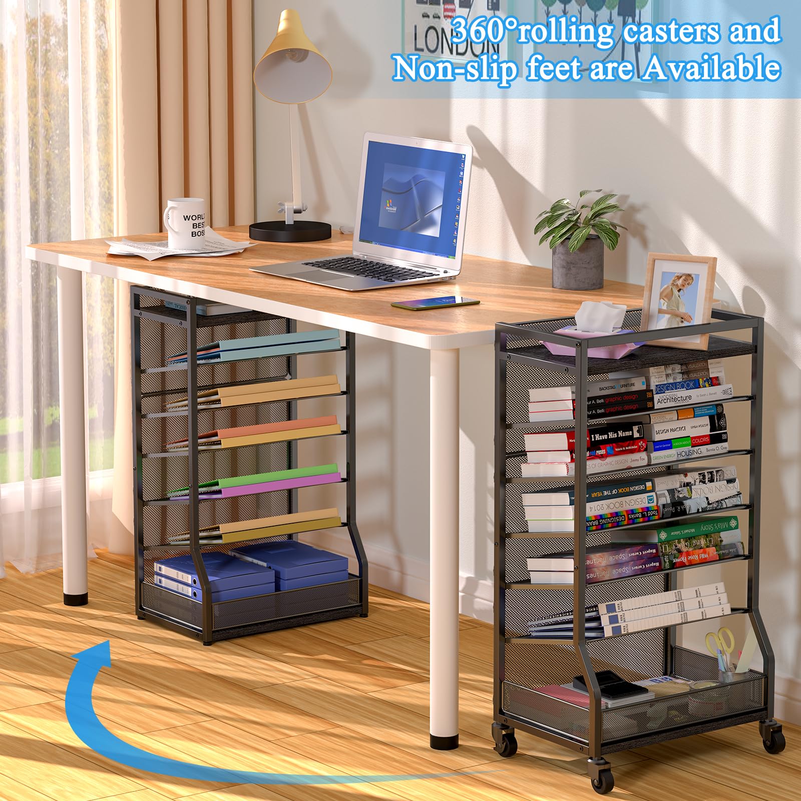 7-Tier Rolling File Cart with Sliding Trays - Wood & Metal File Organizer for Desk, Free-Standing File Holder & Paper Letter Tray - Mesh Desk Organizer for Home, Office & School (Patented) - Perfect for Document Storage, Office Organization & Workspace Efficiency