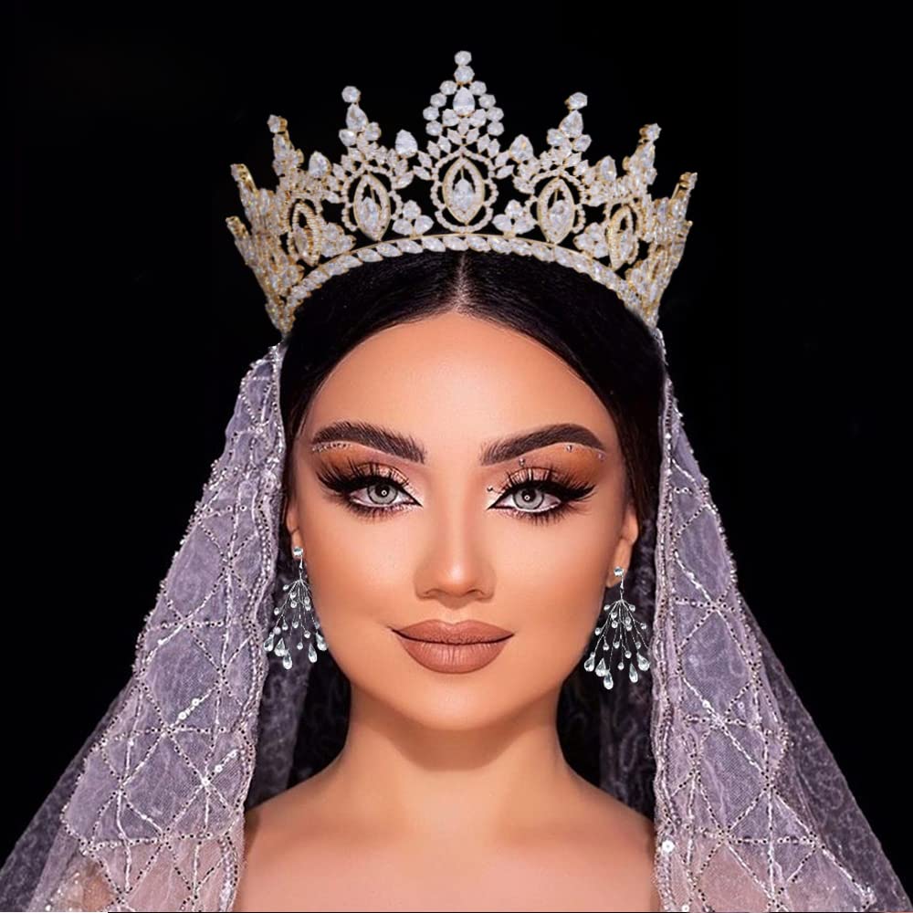 Luxury Cubic Zirconia Wedding Crown for Women - Gold Bridal Tiara with CZ Stones for Quinceañera, Pageant & Special Occasions | Elegant Hair Accessory for Brides, Prom & Formal Events
