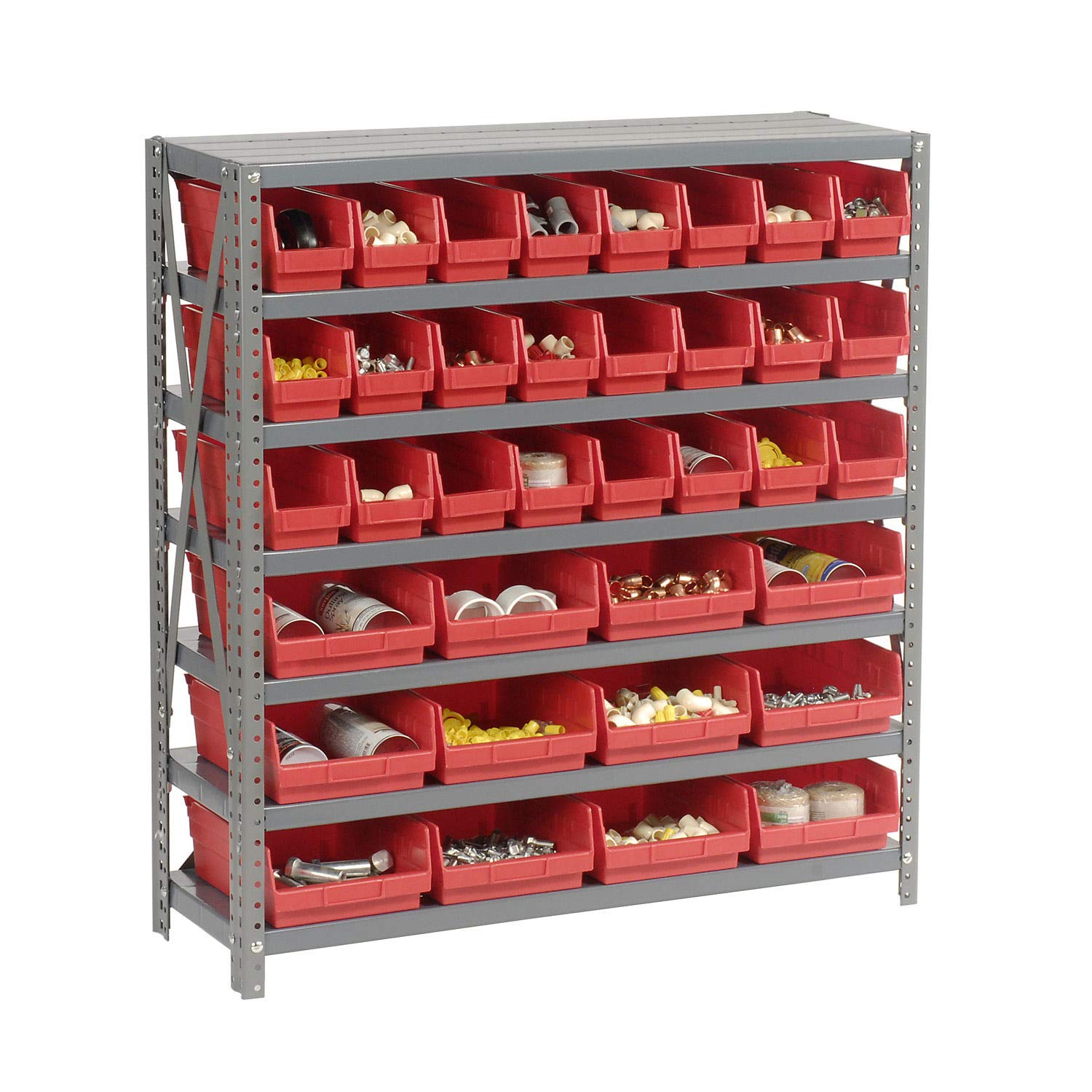 Heavy Duty 7-Tier Steel Shelving Unit with 36 Plastic Bins - 36