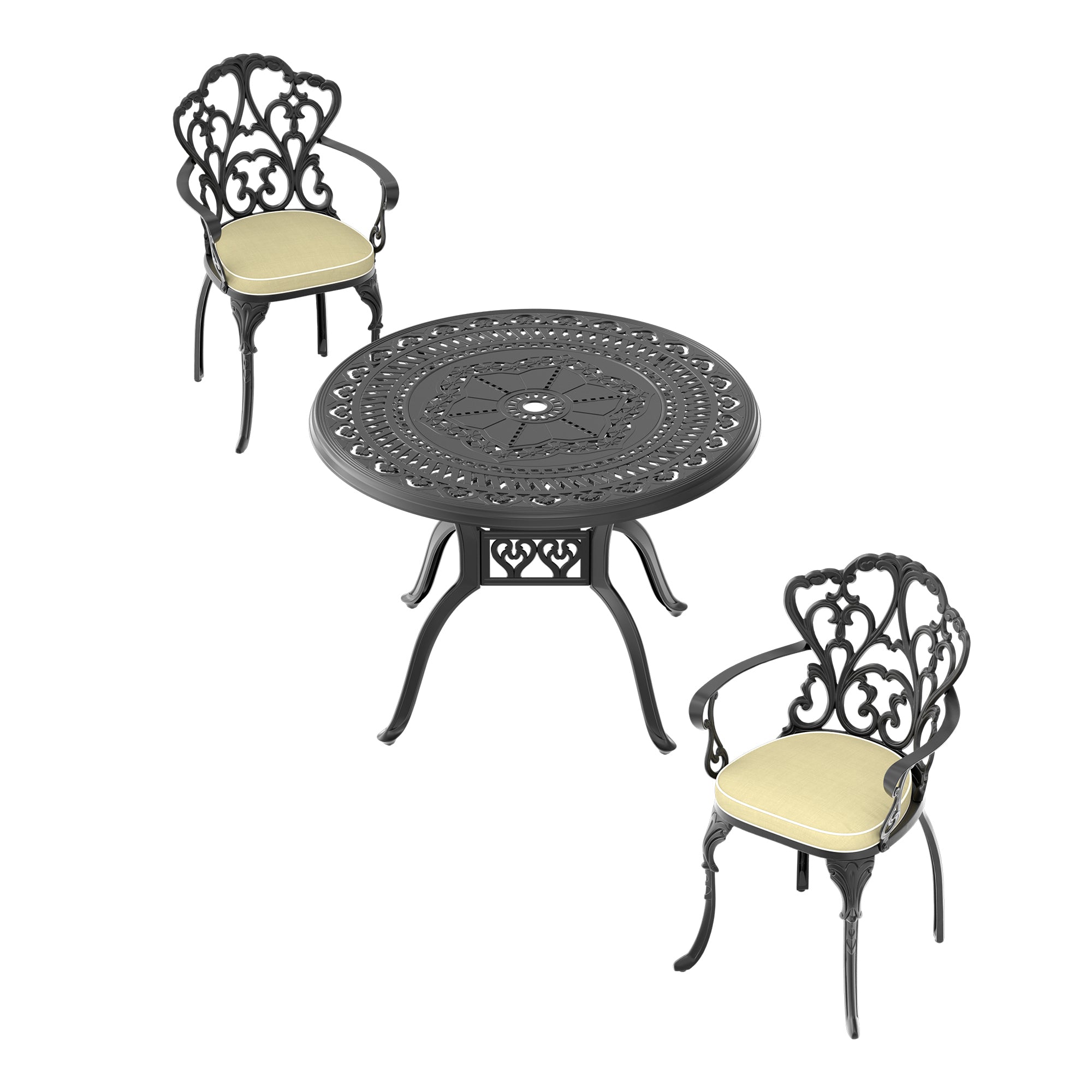 3-Piece Cast Aluminum Patio Furniture Set with Cushions (Random Colors) - Outdoor Dining & Lounge Set for Garden, Poolside, and Backyard Relaxation