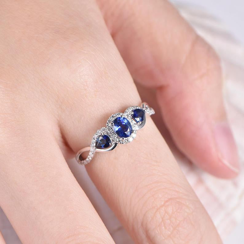 Blue Sapphire Engagement Ring for Men – 4x5mm Oval & 3x4mm Pear Cut Lab-Grown Sapphire with Diamonds in 14K White Gold – Perfect for Proposals, Weddings & Anniversary Gifts
