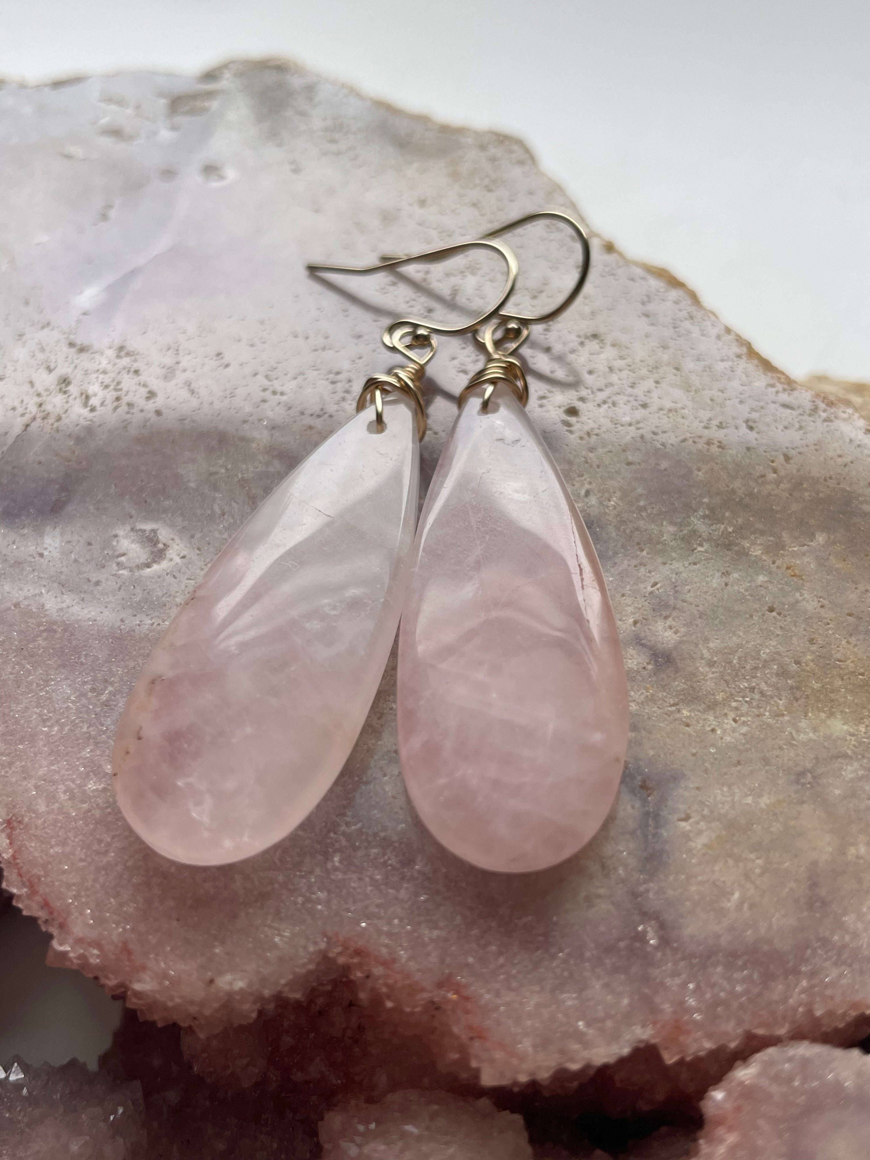 Rose Quartz Dangle Earrings - 14K Gold Filled Hoop Earrings for Women | Elegant Boho Jewelry for Everyday Wear & Special Occasions