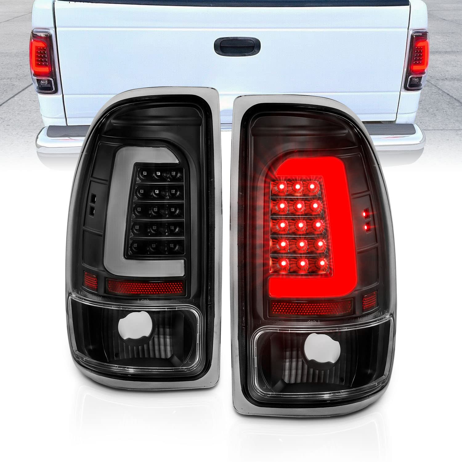 1997-2004 Dodge Dakota C-Type LED Tail Lights Brake Lamps Set - Black Halogen Replacement for Crew Cab (Passenger & Driver Side) | Durable Vehicle Light Assembly for Night Driving & Enhanced Safety