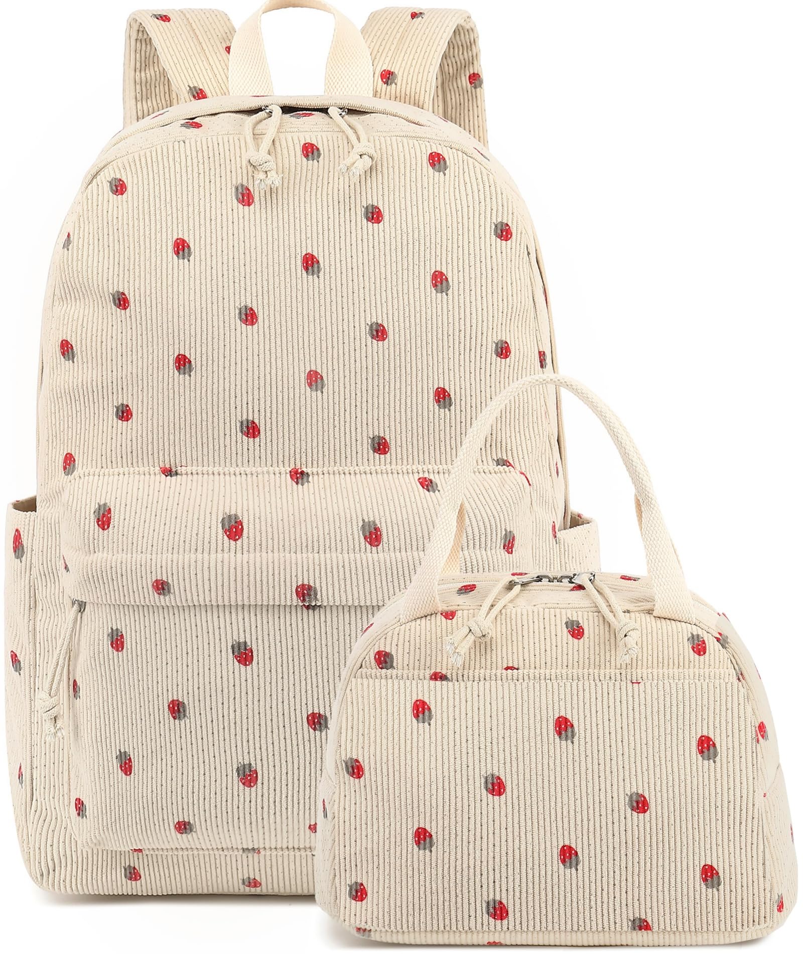 Stylish Corduroy Backpack for Teen Girls - Lightweight School Bag for Elementary, Middle & High School, Women's Travel & Casual Daypack (Strawberry) - Perfect for School, Travel & Everyday Use