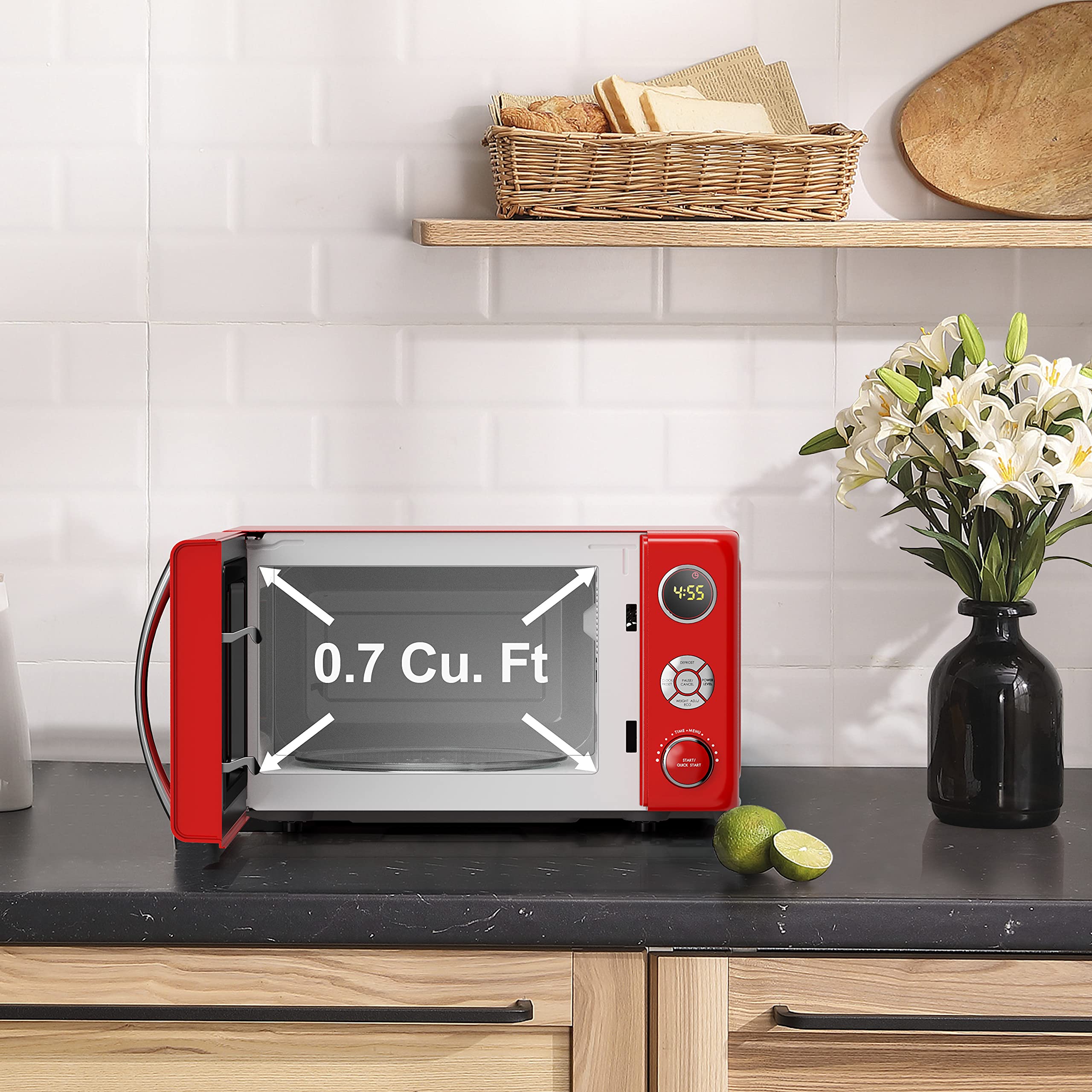 Galanz GLCMKA07RDR-07 0.7 Cu.Ft Compact Microwave Oven with LED Lighting, Pull Handle & Child Lock - Retro Red Design for Small Kitchens, Dorms & Office Break Rooms