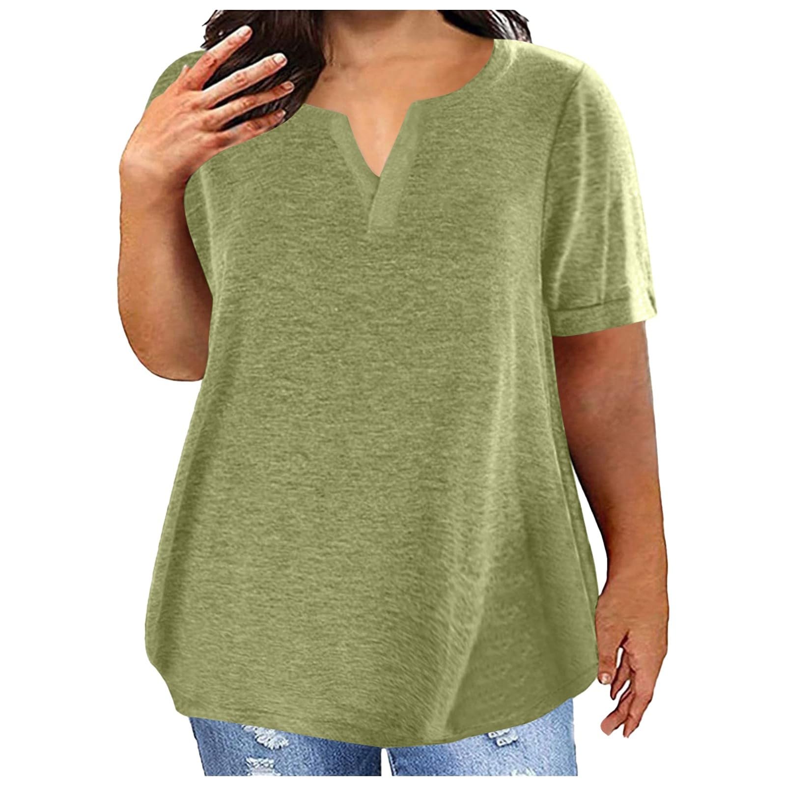 Plus Size V-Neck Loose Fit Summer T-Shirts for Women - Short Sleeve Solid Color Fashion Blouse & Comfy Tunic Tops - Perfect for Casual Wear, Office Outfits & Summer Vacation