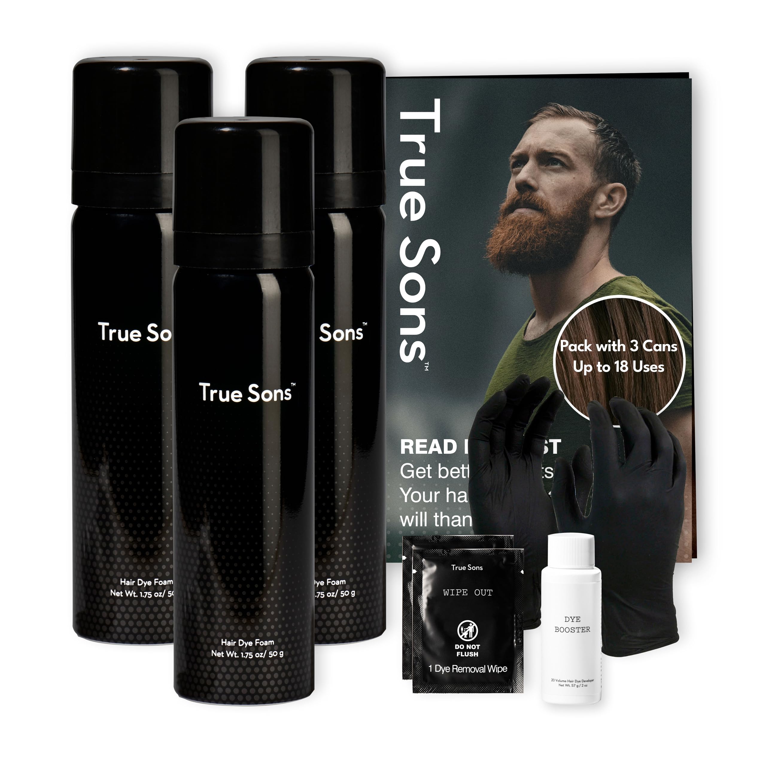 True Sons Hair Dye Foam for Men - Ammonia-Free Natural Hair Color Kit with Instant Color Booster (3 Bottles, Medium Brown) - Easy At-Home Hair Coloring for Sensitive Skin | Perfect for Touch-Ups, Gray Coverage & Styling