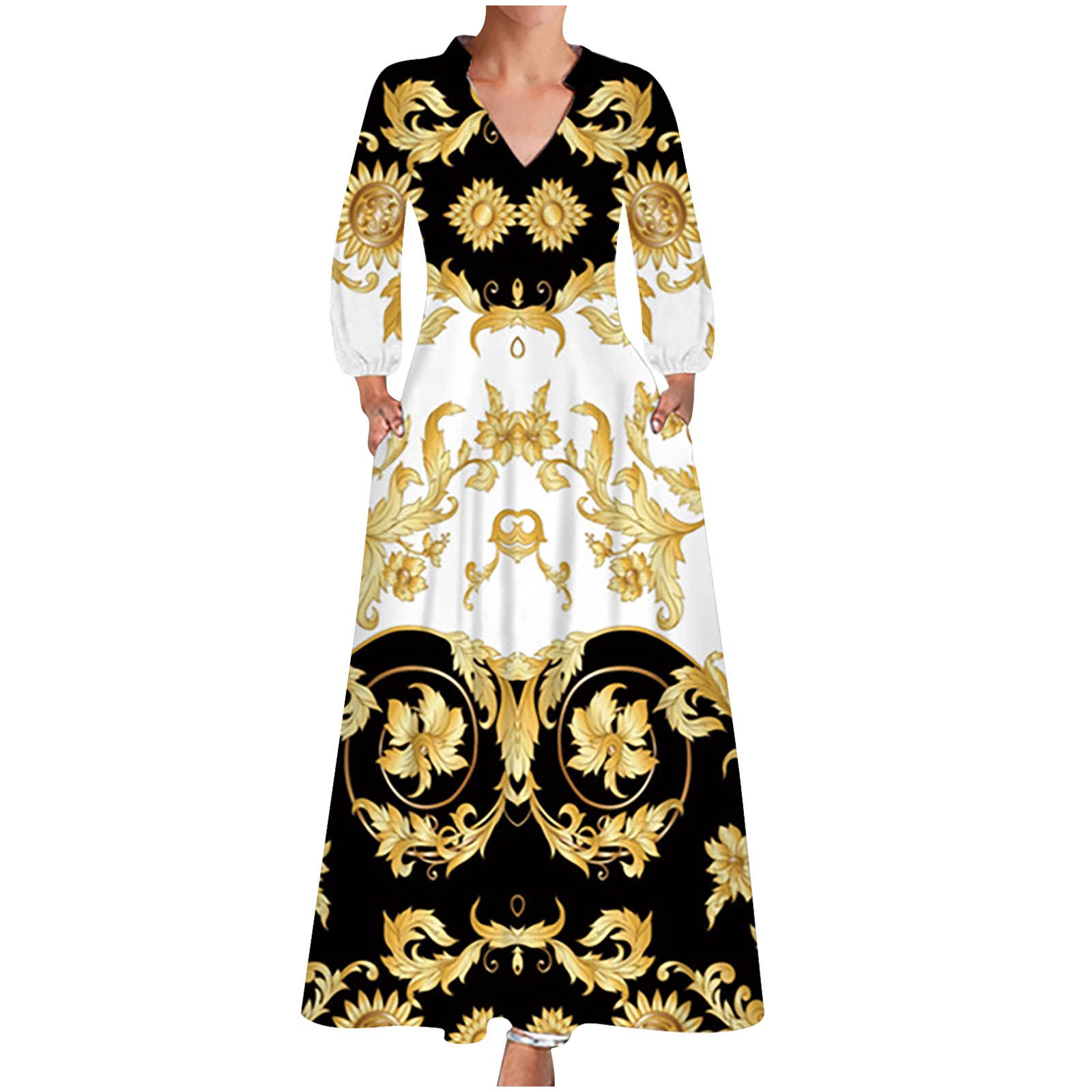Stylish Women's Long Sleeve V-Neck Maxi Dress - Fashionable A-Line Flowy Casual Dress with Pockets | Perfect for Everyday Wear, Office Outfits & Special Occasions