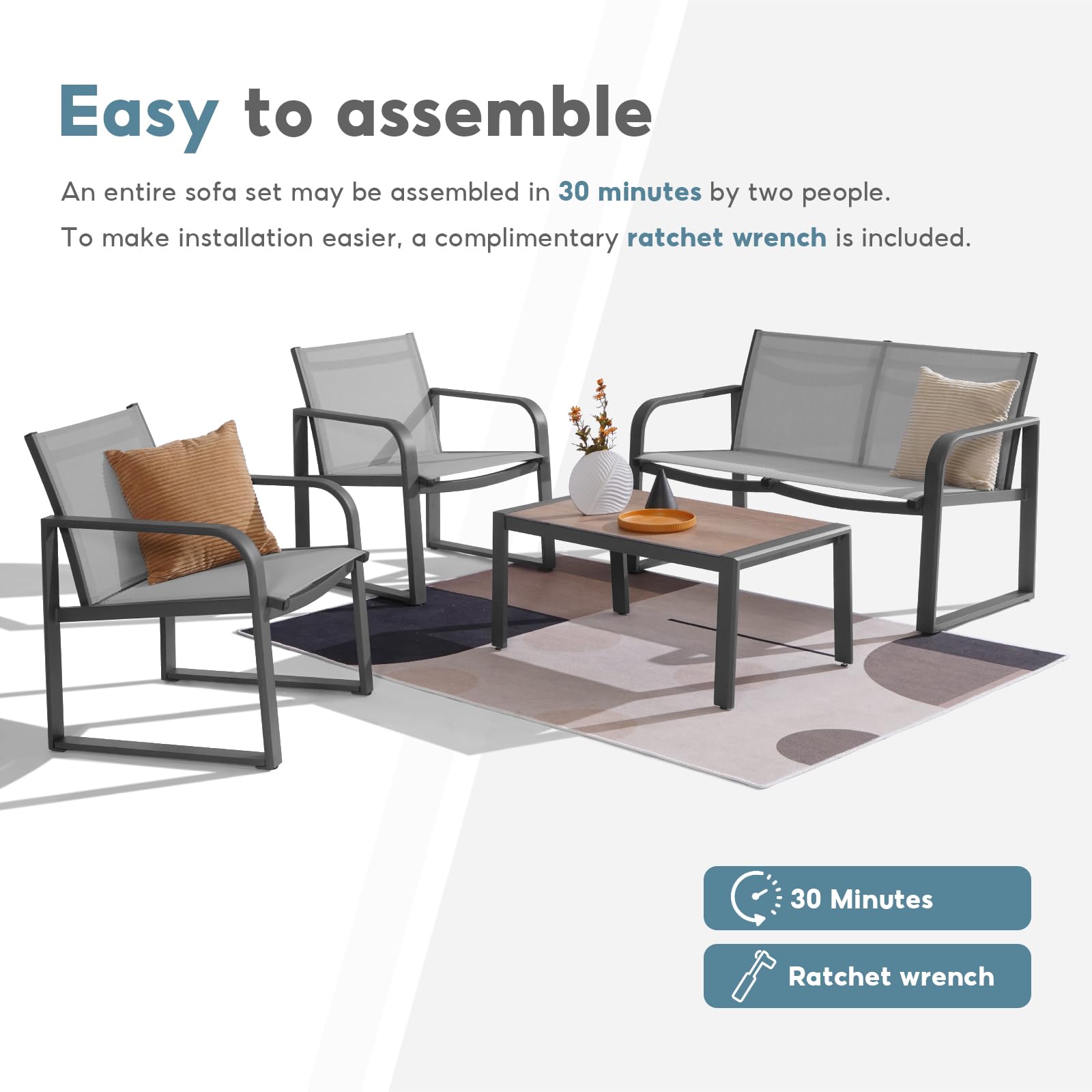 4-Piece Aluminum Outdoor Patio Conversation Set with Breathable Textilene - Loveseat, Table & Chairs for Yard, Balcony, Garden (Grey) - Perfect for Backyard Relaxation & Outdoor Entertaining