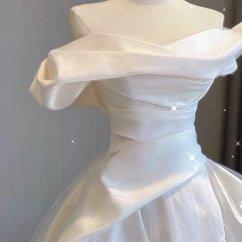 Elegant Off-The-Shoulder A-Line White Satin Wedding Dress J3225 - Perfect for Bridal, Formal Events & Romantic Photoshoots