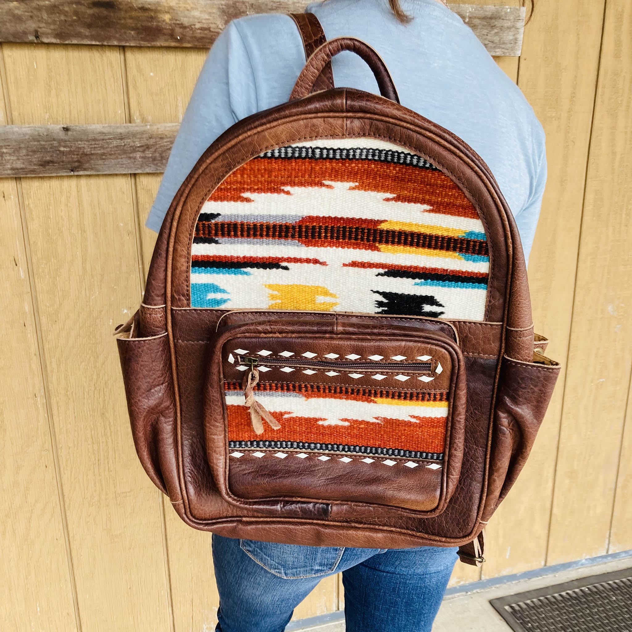 American Darling Genuine Leather Aztec Print Blanket Backpack - Stylish & Durable for Travel, Camping, and Outdoor Adventures