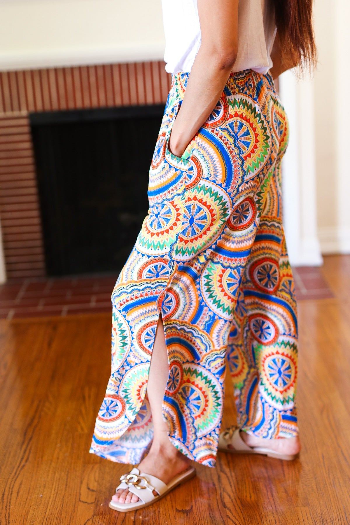 Stylish Multicolor Mandala Print Smocked Waist Palazzo Pants with Side Slits - Perfect for Yoga, Beach Vacations & Boho Fashion Outfits