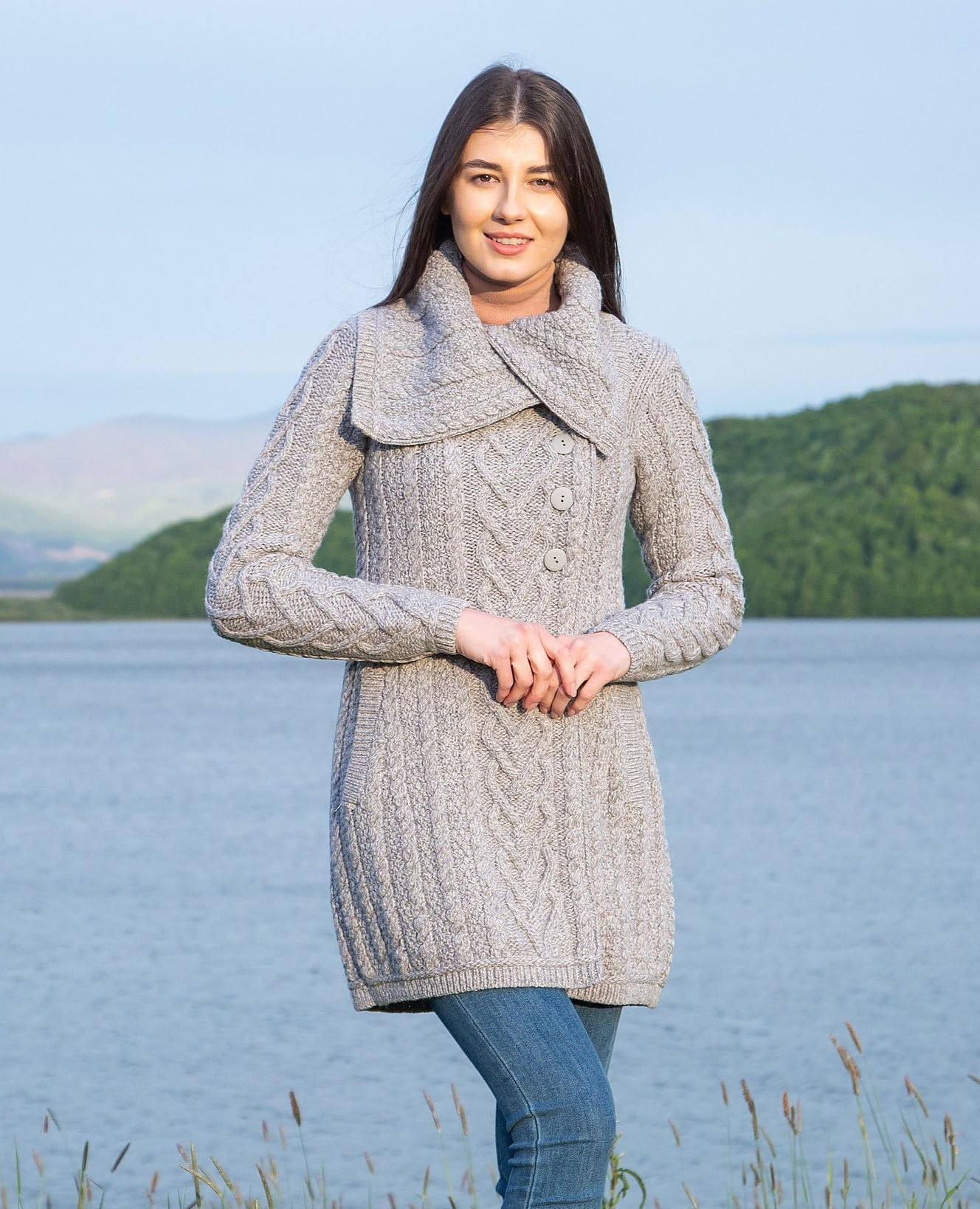 SAOL 100% Merino Wool Women's Classic Cable Knit Cardigan Sweater - Irish Coat with Pockets | Warm Winter Layering for Office, Travel & Casual Outfits