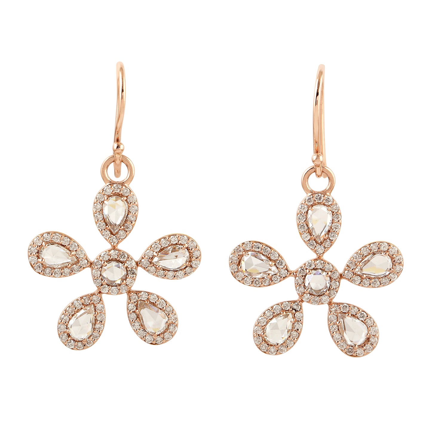 14K Rose Gold Prong Rose Cut Diamond Flower Ear Hook Earrings for Women - Elegant Dangle Earrings for Wedding, Party & Special Occasions