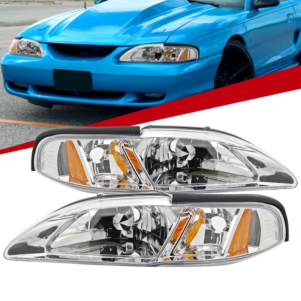 1994-1998 Ford Mustang Replacement Headlights - Clear One Piece 2-in-1 Headlight & Corner Lamps Combo - Perfect for Restoration Projects & Night Driving Safety