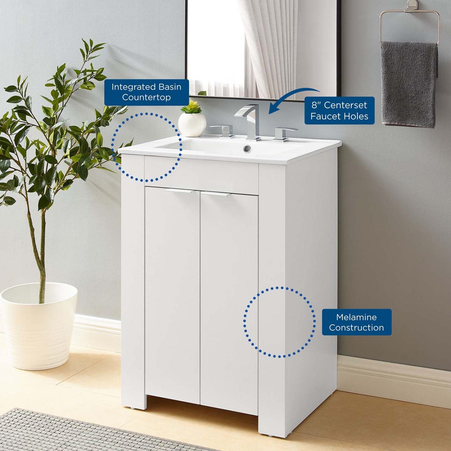 Modway Maybelle 24-Inch Bathroom Vanity in White - Modern Sink Cabinet with Storage for Small Bathrooms & Powder Rooms