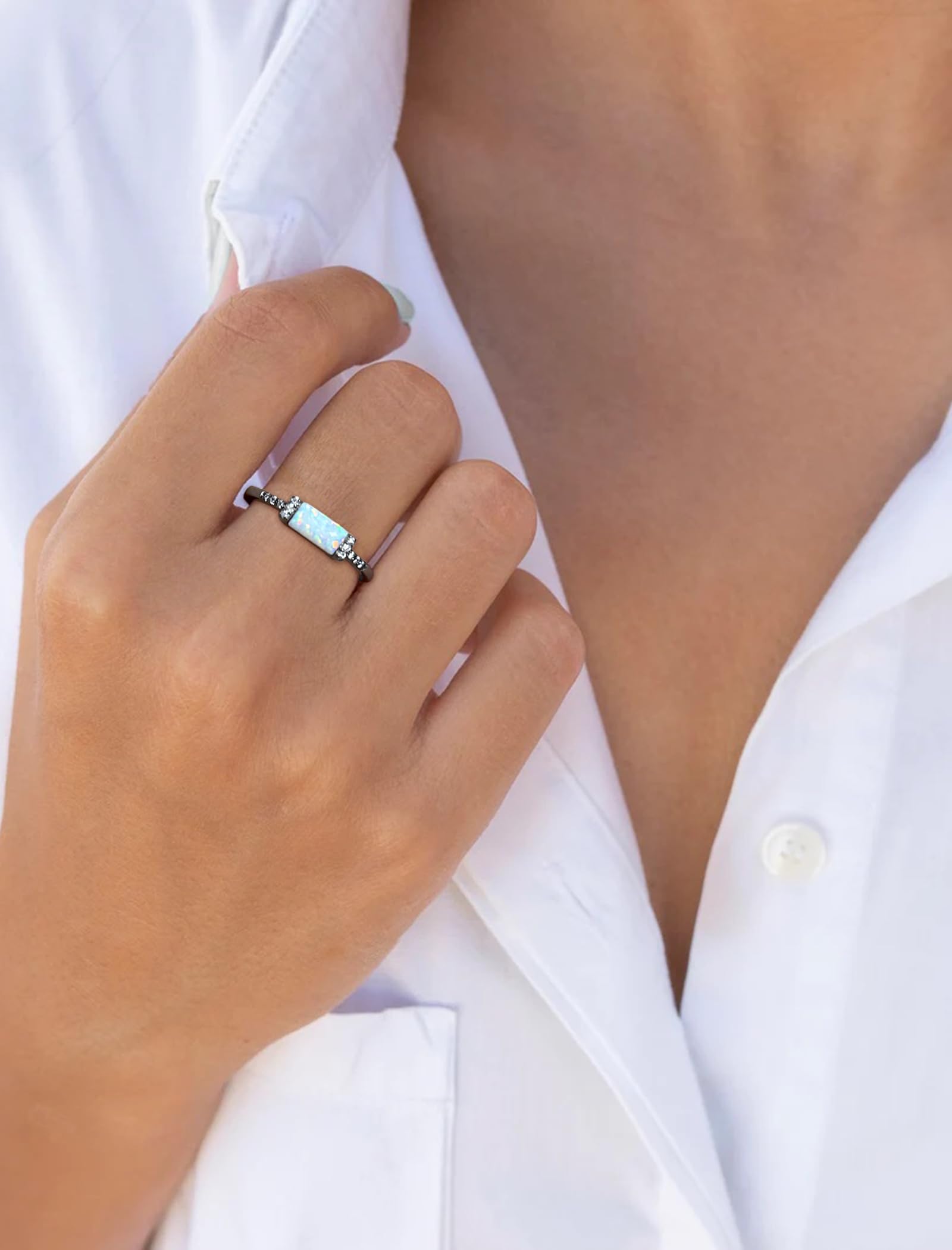 Opal Ring for Women 925 Sterling Silver Baguette Stacking Promise Rings | Elegant Jewelry Gift for Girlfriend, Wife, Anniversary | Perfect for Weddings, Date Nights, Special Occasions