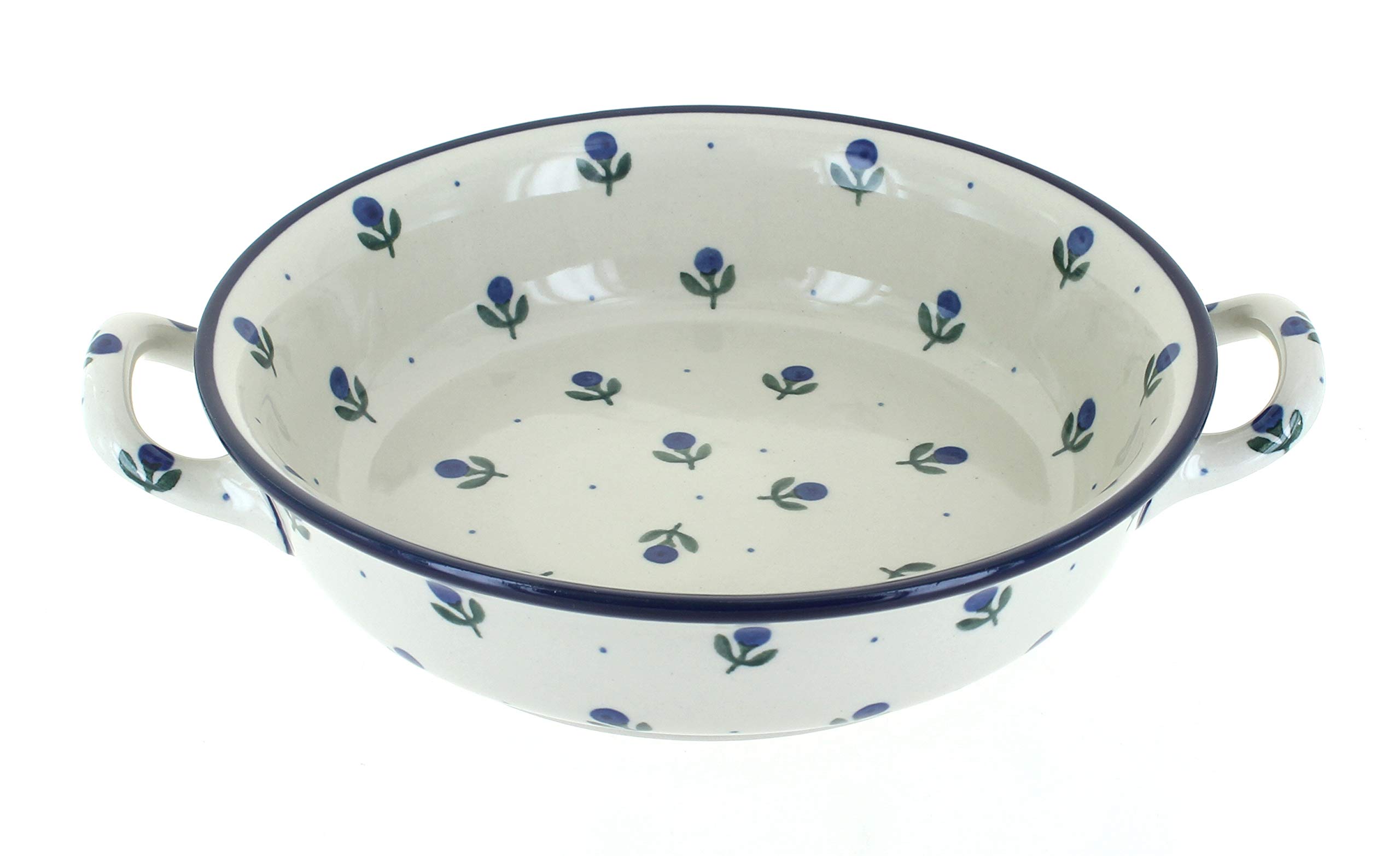 Handmade Blue Rose Polish Pottery Blueberry Small Round Casserole with Lid & Handles - Perfect for Baking, Serving & Home Decor