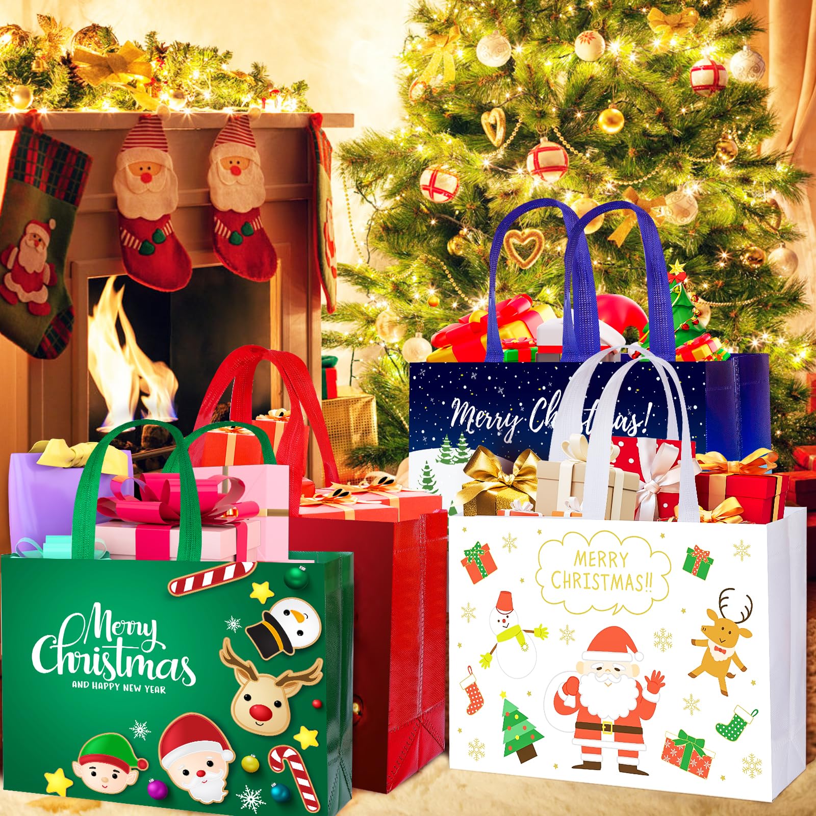 12-Pack Large Christmas Gift Bags - Reusable Holiday Tote Bags Non-Woven Fabric, Xmas Shopping Bags with Sturdy Handles for Gift Wrapping, Party Favors & Treats (12.6