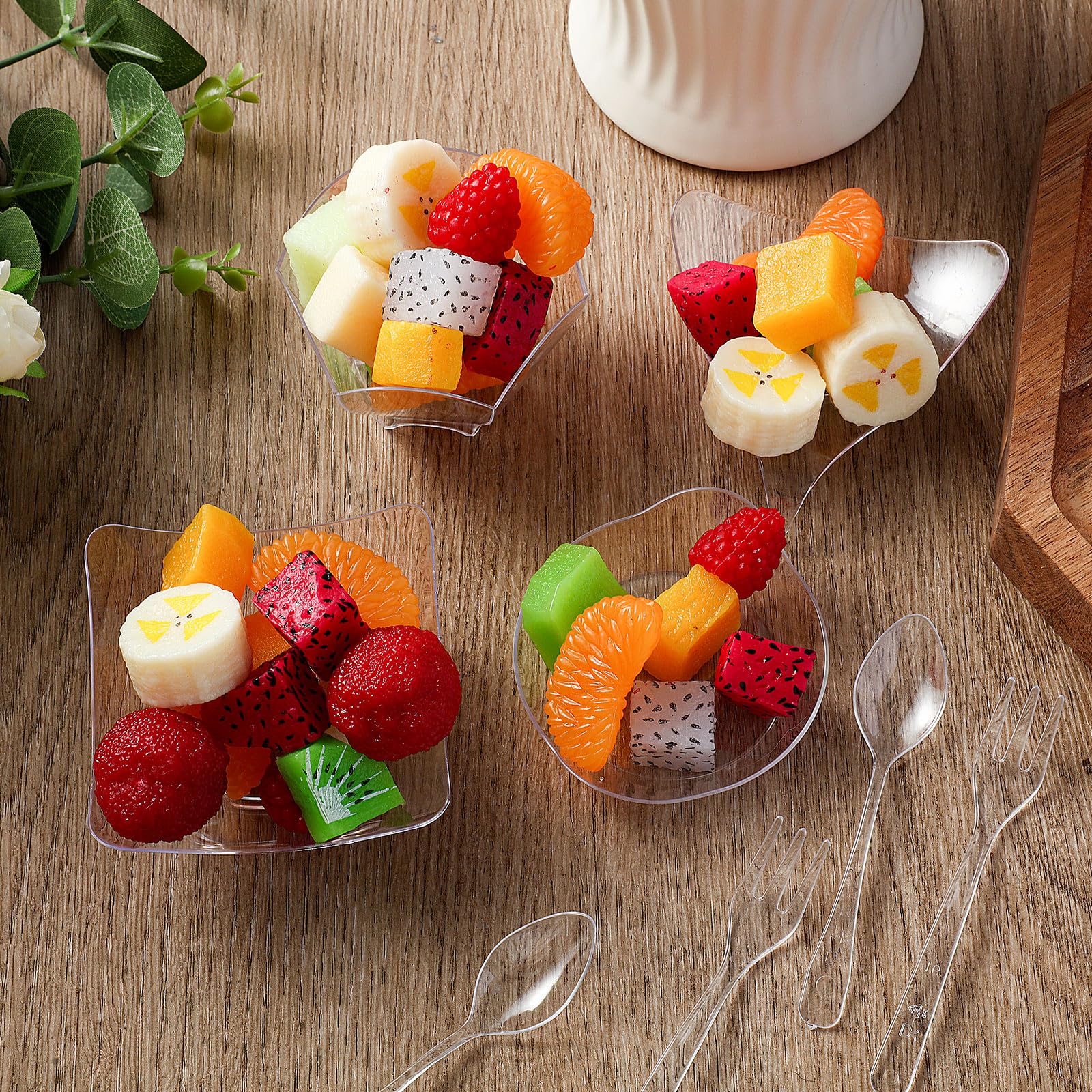 200 Pcs Clear Modern Mini Appetizer Plates with Disposable Spoons & Forks - Small Plastic Dessert Bowls & Individual Serving Trays for Parties, Weddings, Baby Showers & Catering Events