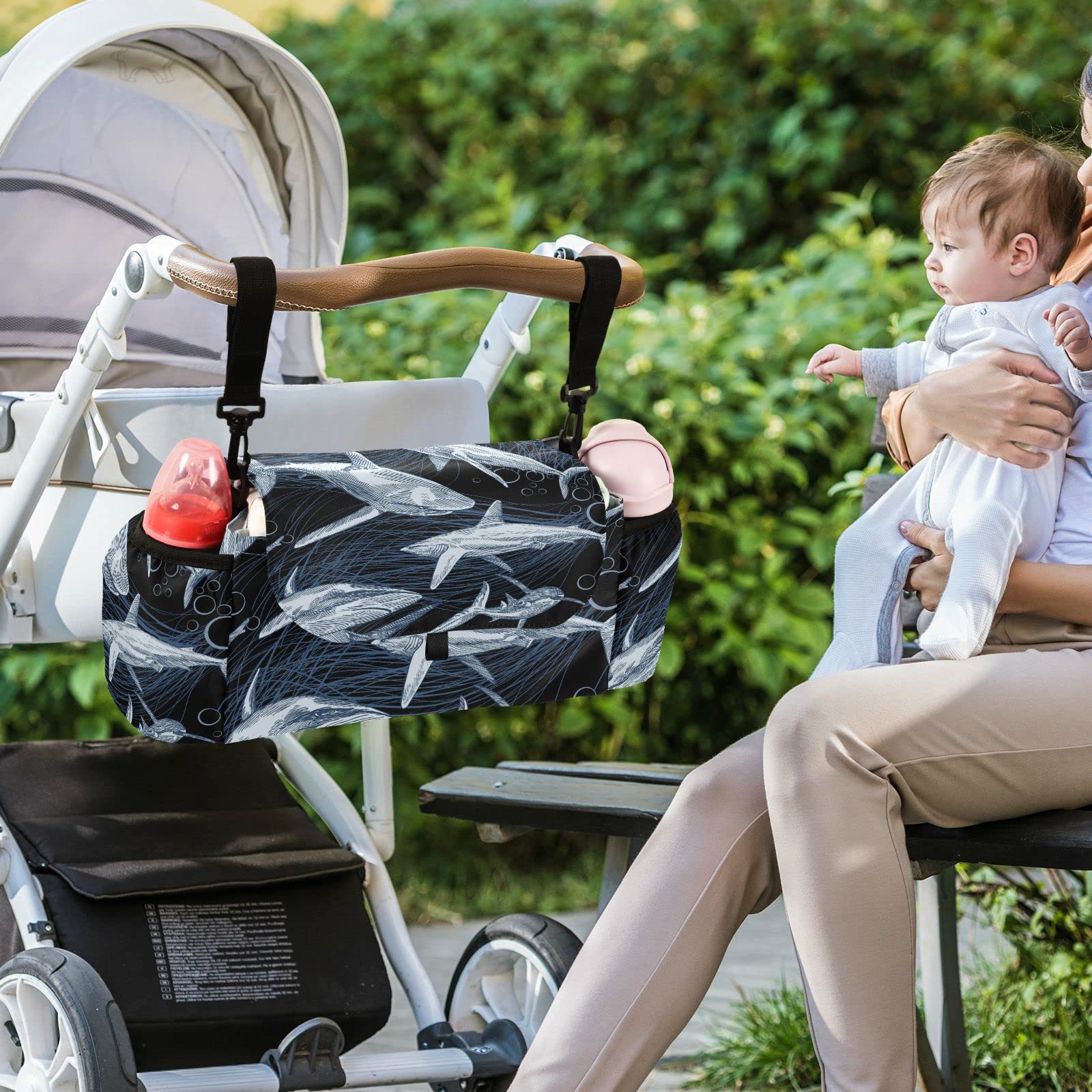 Shark Stroller Organizer with Cup Holders & Zipped Pockets - for Diapers, Bottles & Toys - Perfect for Beach & Park Outings