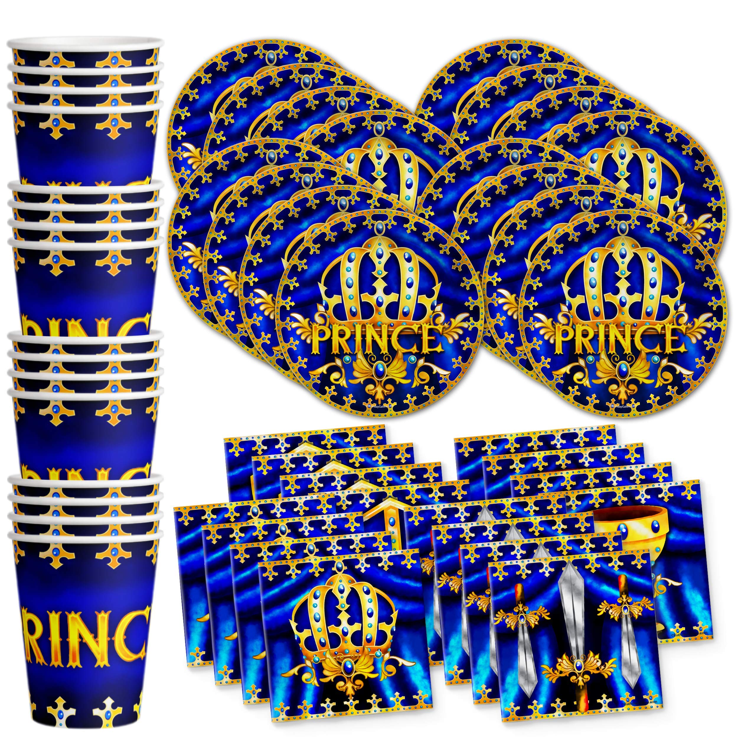 Royal Blue Prince Birthday Party Supplies Set - 16-Piece Baby Shower Tableware Kit with Plates, Napkins & Cups for Boys' Royal Theme Celebration