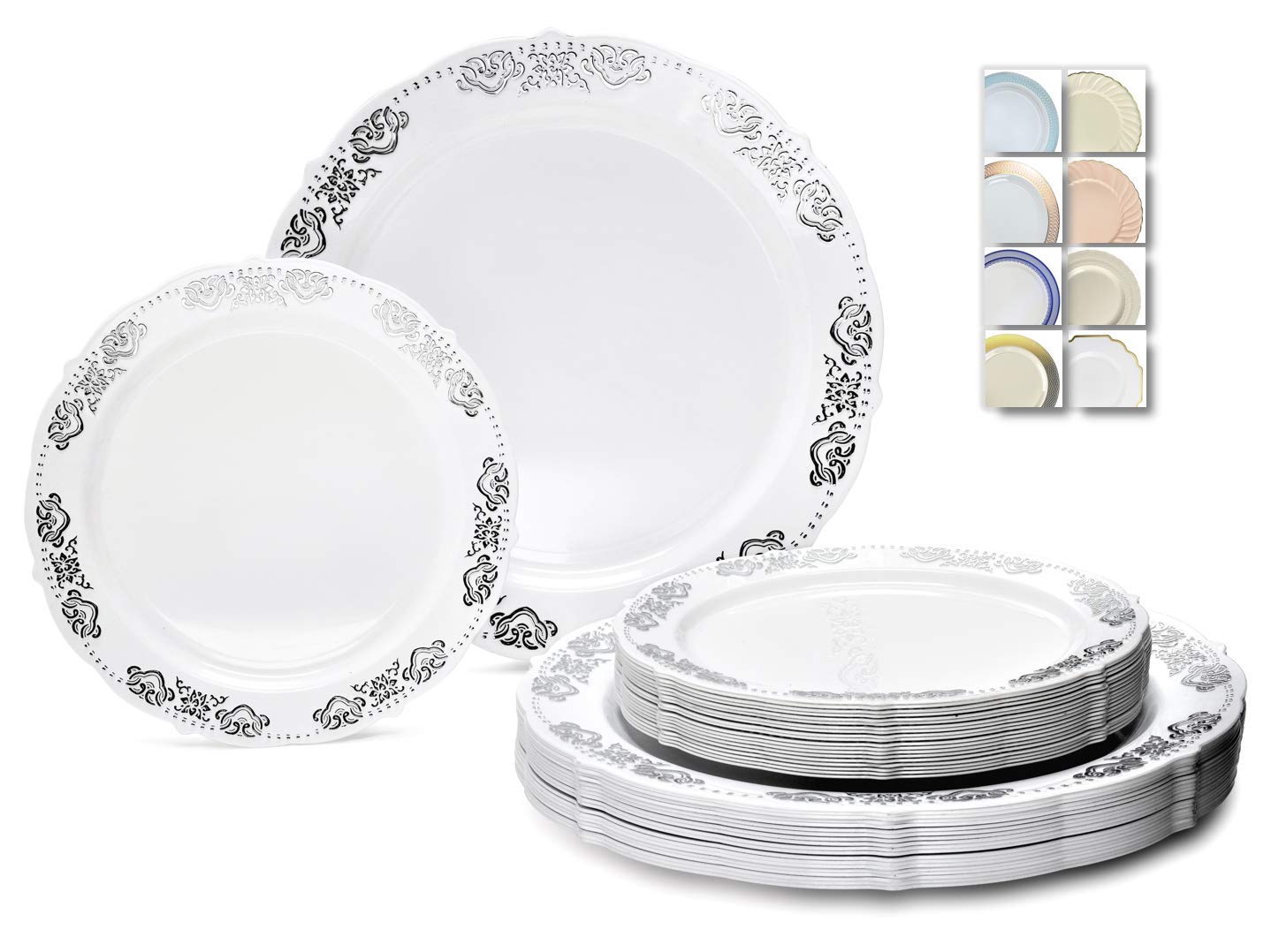 240-Pack Vintage Wedding Disposable Plastic Plates Set - 120 x 10.25'' Dinner Plates & 120 x 7.5'' Salad/Dessert Plates in Portofino White/Silver - Perfect for Weddings, Parties, and Special Events