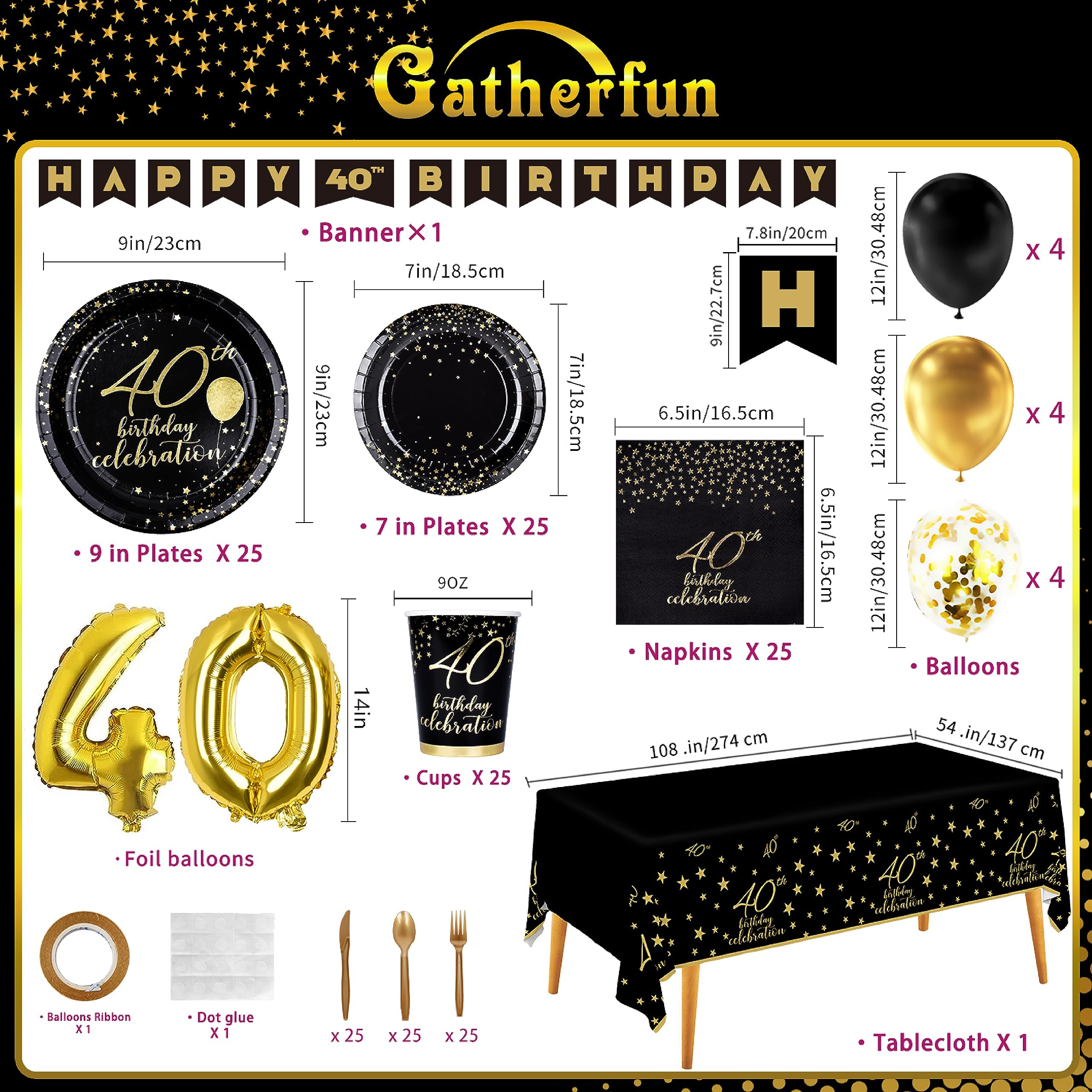 Gatherfun 40th Birthday Party Supplies Set - 40 Disposable Paper Plates, Napkins, Cups, Cutlery & Tablecloth - Black & Gold Decorations for Men & Women (Serves 25) - Perfect for Anniversary Celebrations, Milestone Parties & Special Occasions