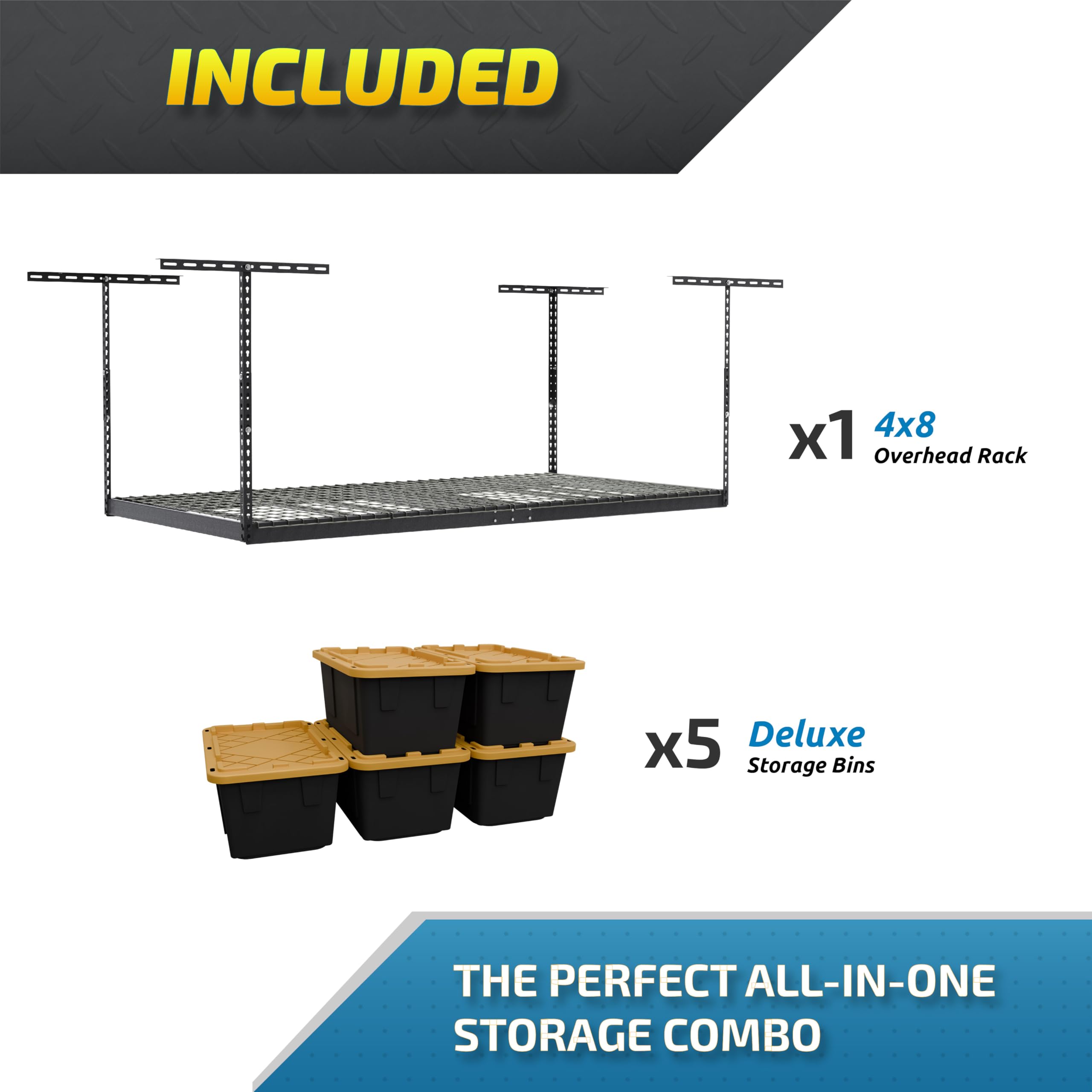 MonsterRAX 4x8 Overhead Storage Rack with Bins Bundle - 4’ x 8’ Garage Organization System (Hammertone Finish, 12