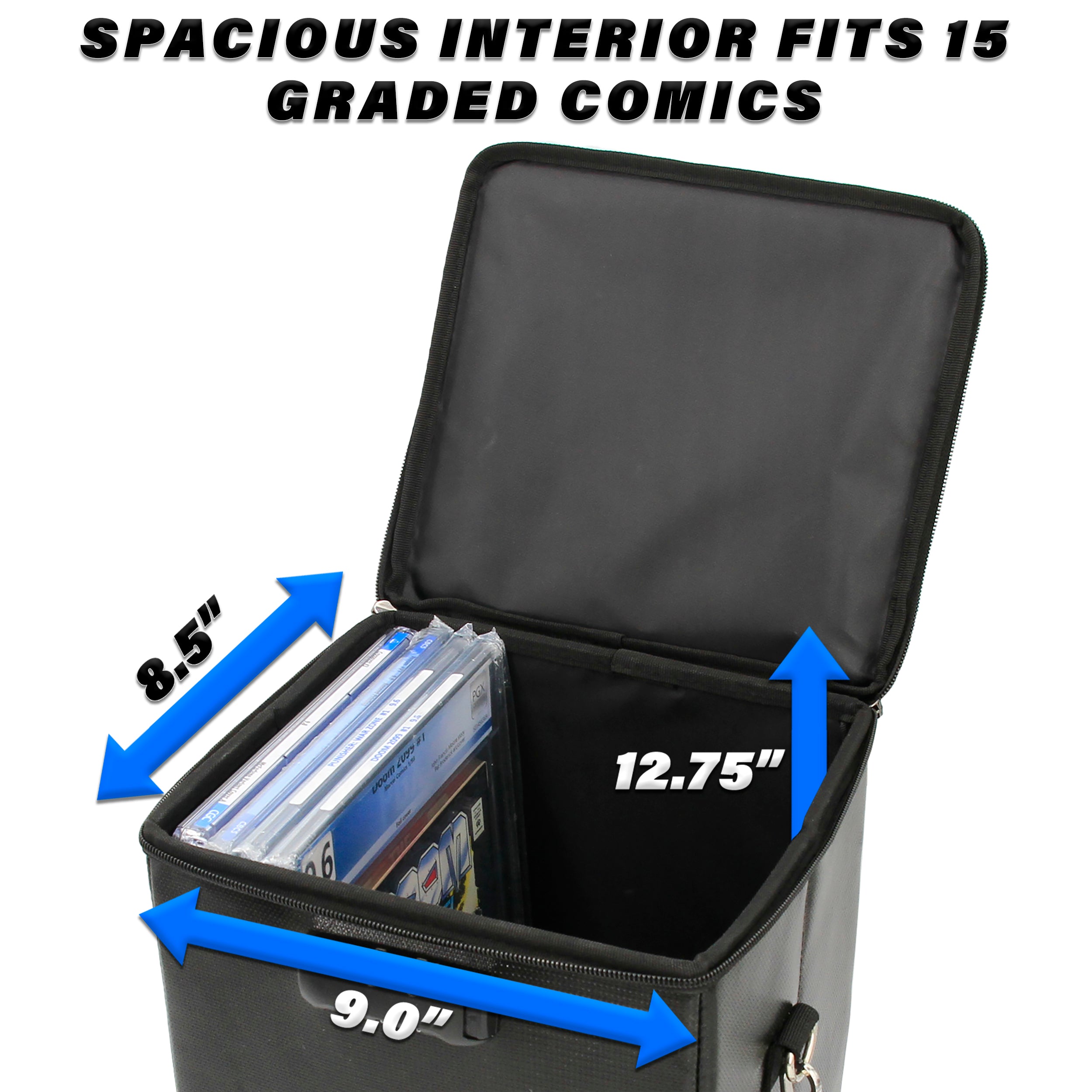 CASEMATIX Graded Comic Book Storage Box - Holds 15 CGC Graded Comics, Fireproof Hard Shell Case with 3 Padded Dividers - Perfect for Comic Collectors & Convention Transport