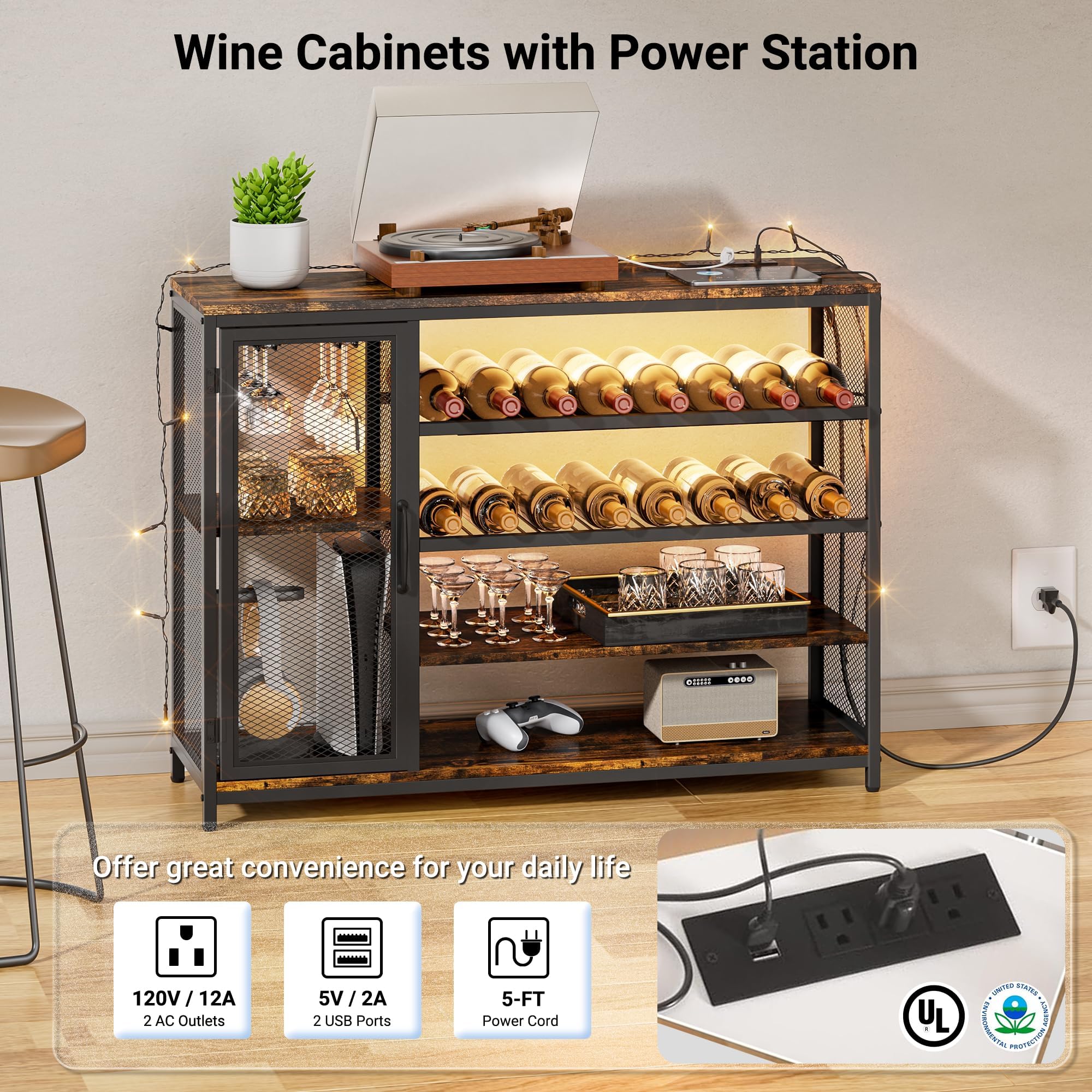 Dimmable LED Bar Cabinet with Charging Station - Rustic Brown Wine Liquor Cabinet with Shelving & Glass Holders for Living Room, Dining Room | Perfect for Home Entertaining, Parties & Relaxing Nightcaps