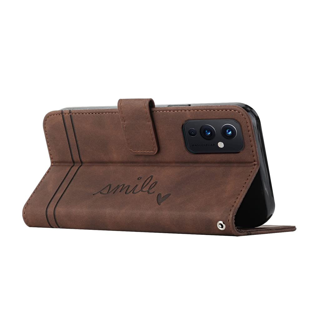 Premium Leather Wallet Case for OnePlus 9/9 5G - Magnetic Flip Cover with Card Holder & Kickstand | Full Protection Phone Case (Smile Brown) | Perfect for Business, Travel & Everyday Use