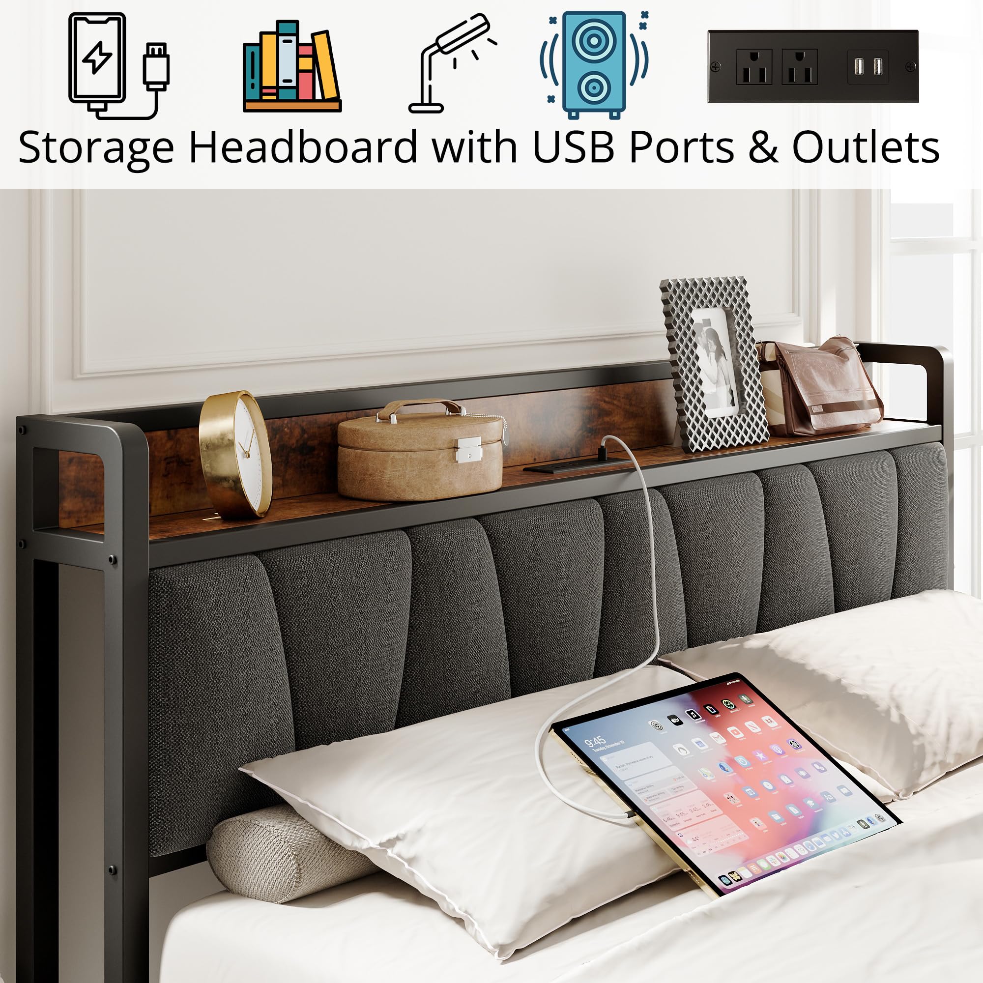 LIKIMIO Twin Bed Frame with Storage Headboard & USB Charging Station - Sturdy, Quiet, No Box Spring Needed, Easy Assembly - Perfect for Small Bedrooms, Guest Rooms & Dormitories