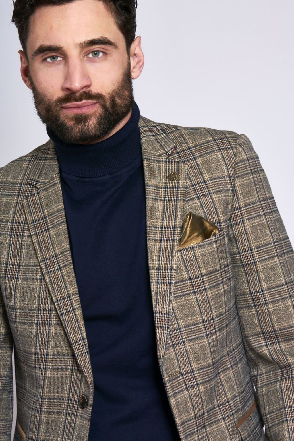 Marc Darcy Enzo Tan Tweed Check Blazer for Men - Classic Slim Fit Wool Blend Jacket - Perfect for Business, Office, and Formal Occasions