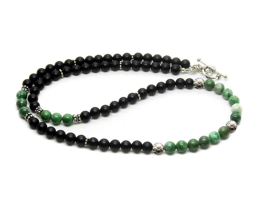 Men's Beaded Necklace - Jade & Onyx Stone Necklace with Silver Beads | Handmade Spiritual Jewelry for Meditation, Yoga & Boho Fashion
