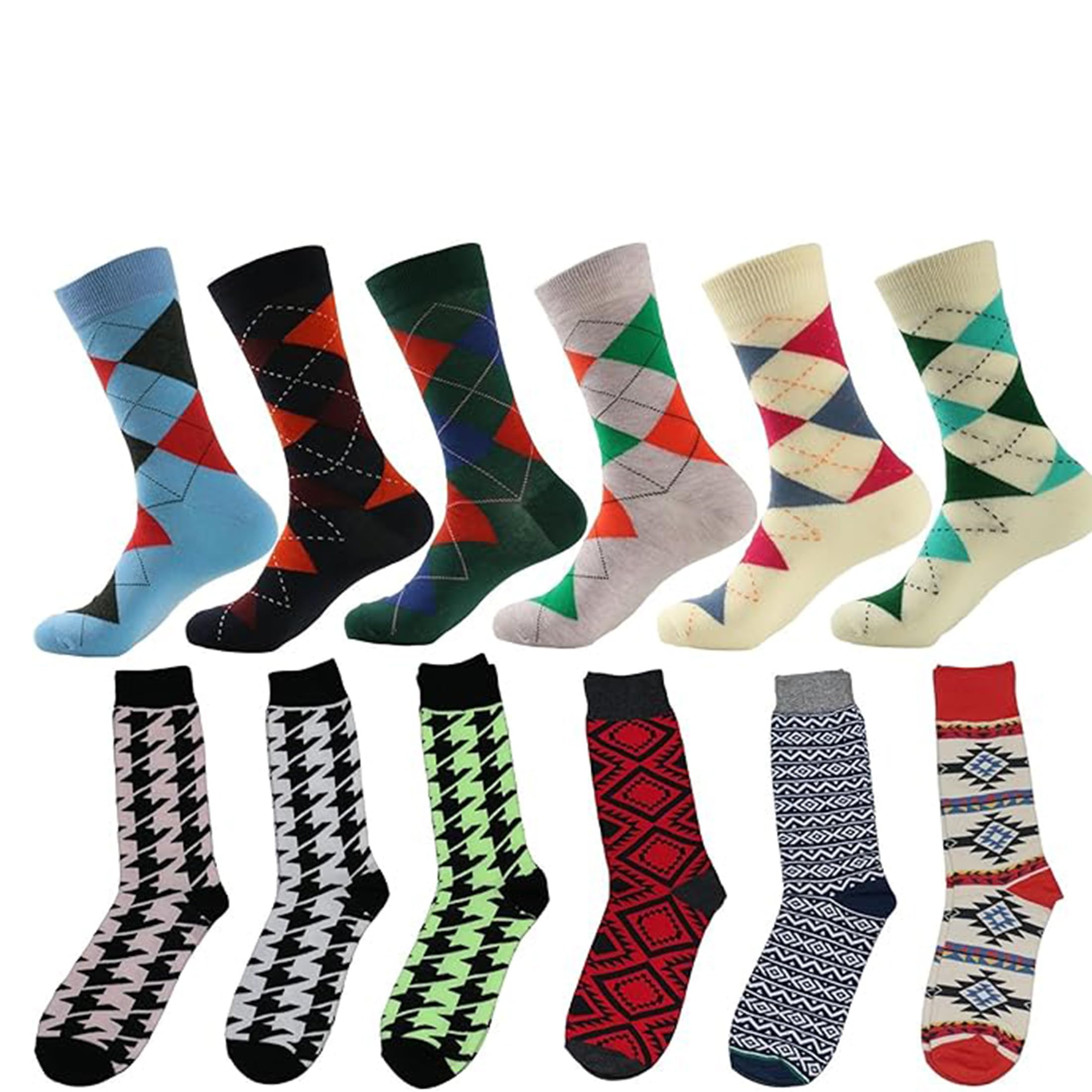 Premium Men's Designer Dress Socks 12-Pack - Classic Argyle & Houndstooth Patterns for Business, Wedding & Formal Occasions