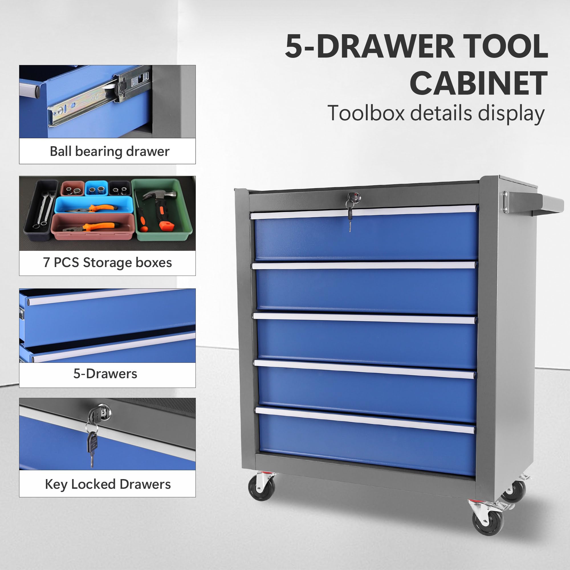 5-Drawer Rolling Tool Chest with Wheels - Portable Tool Box Organizer for Garage, Workshop & Home Crafts - Heavy Duty Mobile Tool Storage (Blue & Grey) - Perfect for DIY Projects, Auto Repair & Professional Workspaces