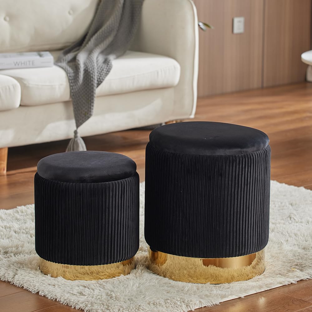 2-Pack Black Velvet Round Storage Ottomans for Living Room, Bedroom & Dorm - Multi-Functional Footrest & Seat with Hidden Storage | Perfect for Small Spaces, Home Decor & Extra Seating