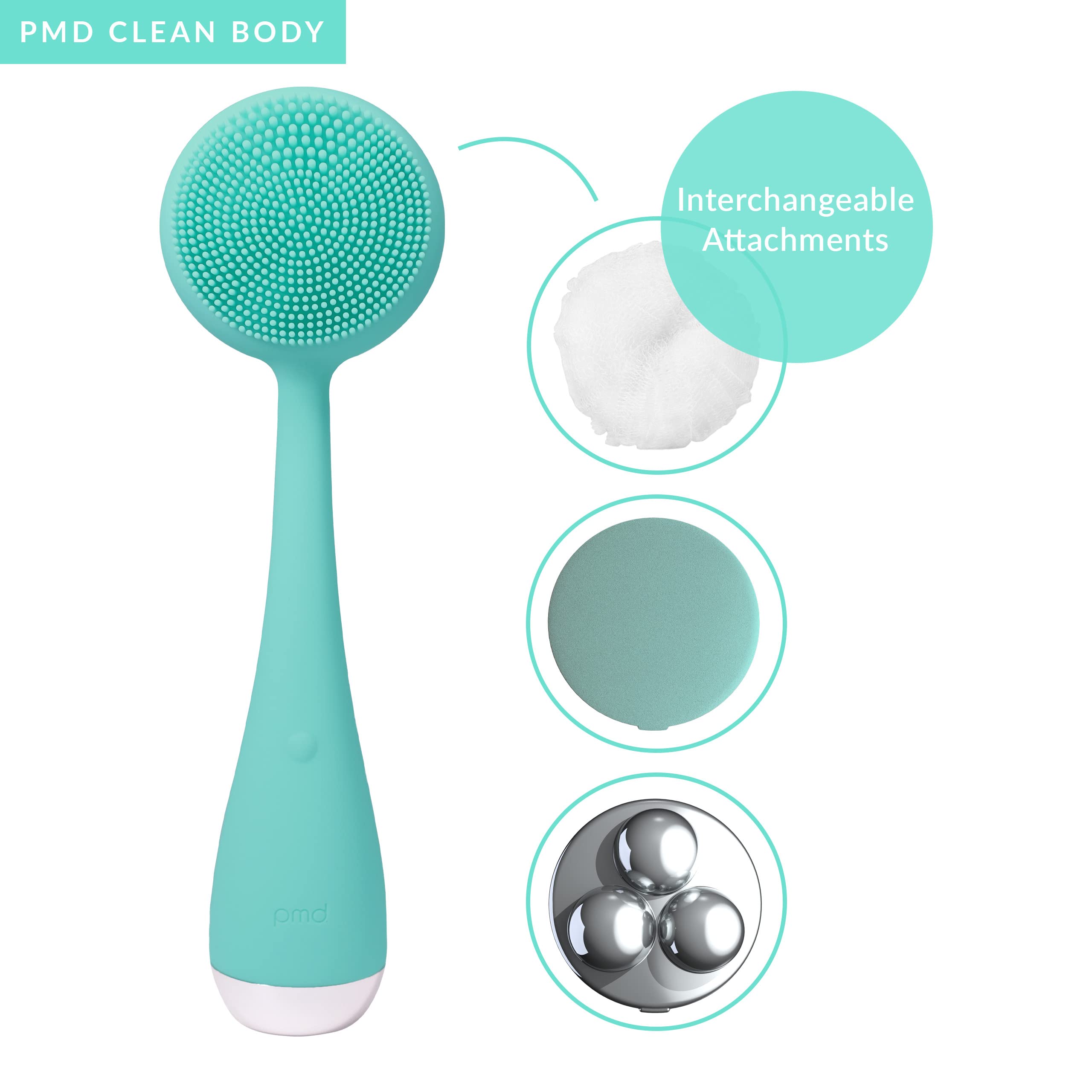 PMD Clean Body - Smart Sonic Body Cleansing Device with 3 Interchangeable Silicone Brush Heads - Waterproof Exfoliator & Massager for Smooth Skin - Perfect for Shower, Spa & At-Home Skincare Routine