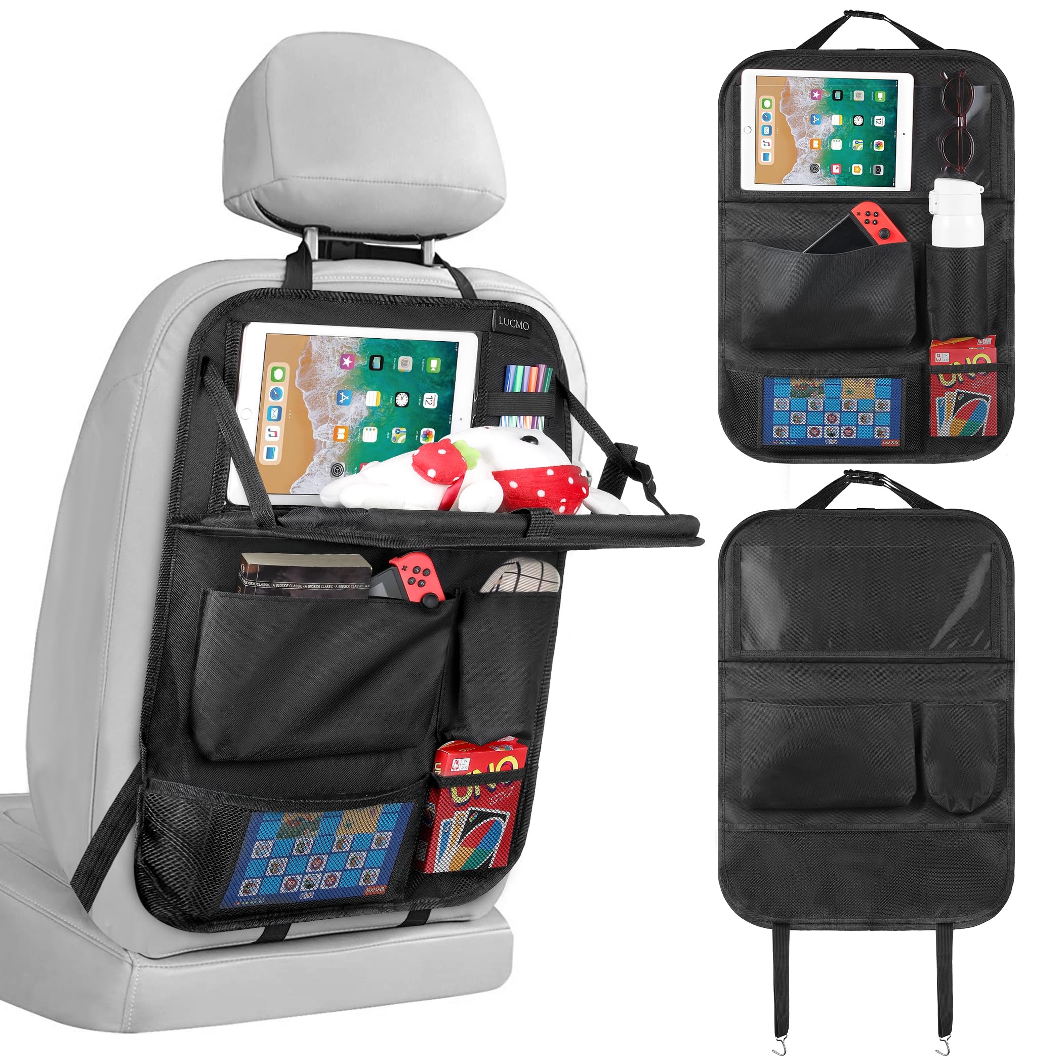 LUCMO Car Backseat Organizer with Tablet Holder - 6 Storage Pockets, Foldable Food Tray & Kick Mats Protectors - Black Travel Accessories for Road Trips, Family Vacations & Daily Commute