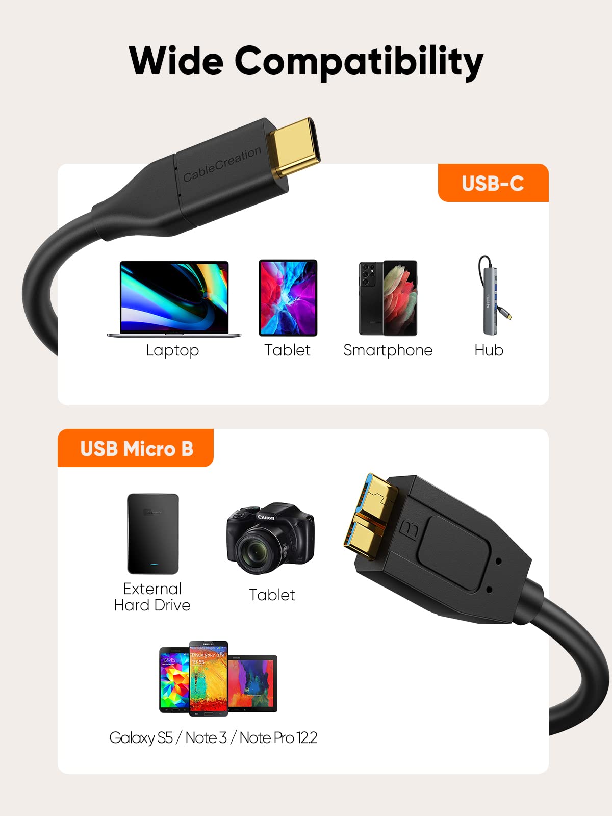 CableCreation USB 3.1 Micro B to USB C Cable 2FT (10Gbps, 0.6m) - High Speed External Hard Drive Cable for MacBook Pro/Air, Samsung Galaxy S5, WD My Passport/Elements - Perfect for Data Transfer & Backup (Black)