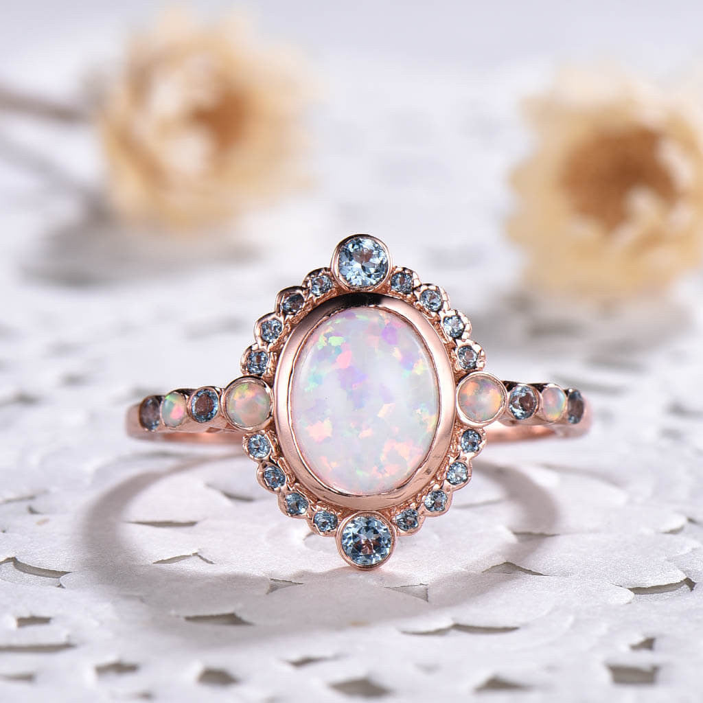 Exquisite Opal and London Blue Topaz Engagement Ring in Rose Gold - Perfect for Proposals, Anniversaries & Romantic Gifts