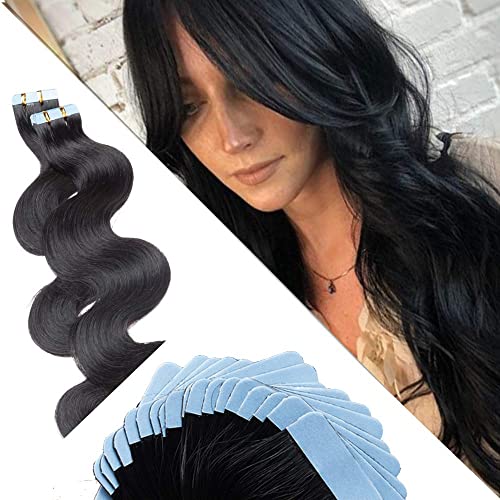 Hairro Tape in Hair Extensions 18 Inch Long Body Wave 100% Human Hair - 100g Seamless Skin Weft Glue-in Wavy Hairpieces (40pcs/pack) for Women - #1 Jet Black - Perfect for Daily Wear, Parties & Special Occasions